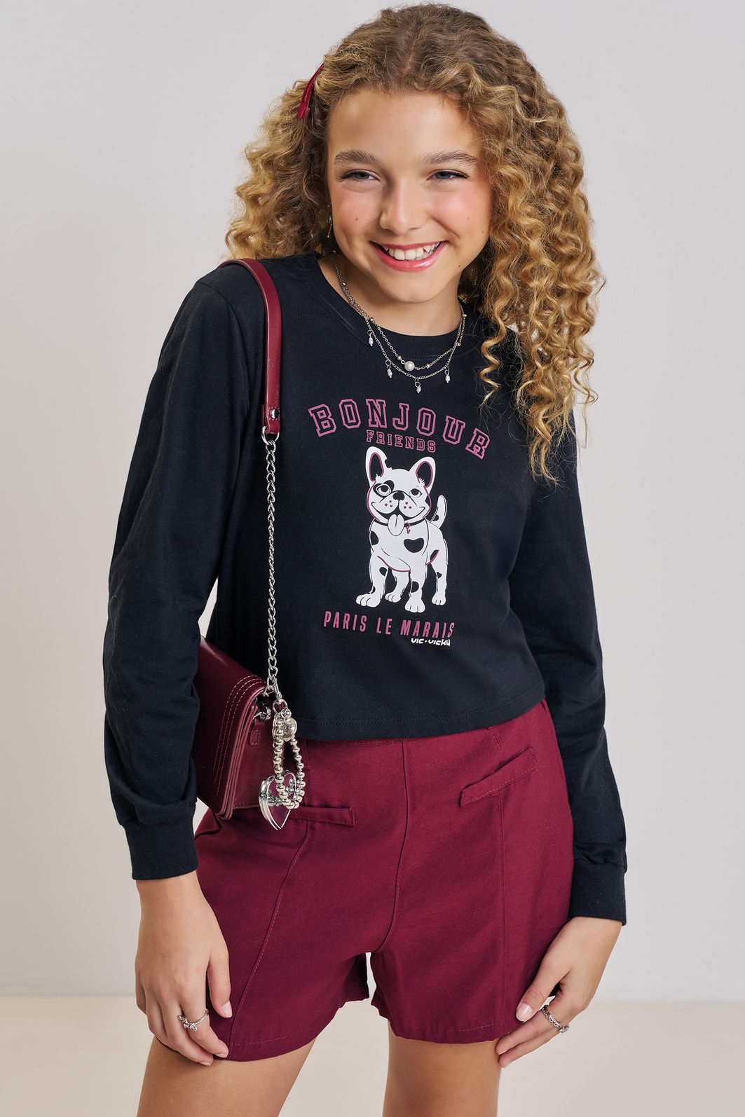 Conjunto de blusa boxy over em meia malha e shorts em alfaiataria marant 90703 Vic Teen Menina