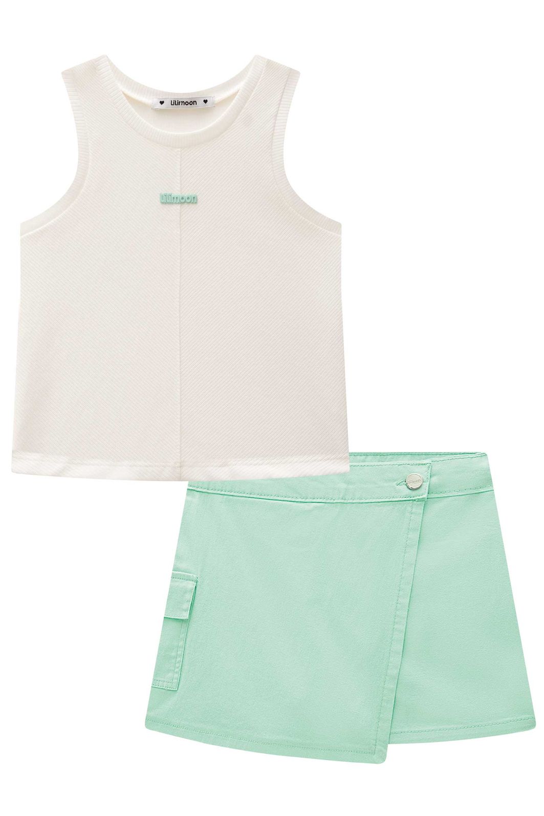 Conjunto de regata em canelado liz e short saia em sarja com elastano 98812 Lilimoon Teen Menina Conjunto de regata em canelado liz e short saia em sarja com elastano 98812 Lilimoon Teen Menina