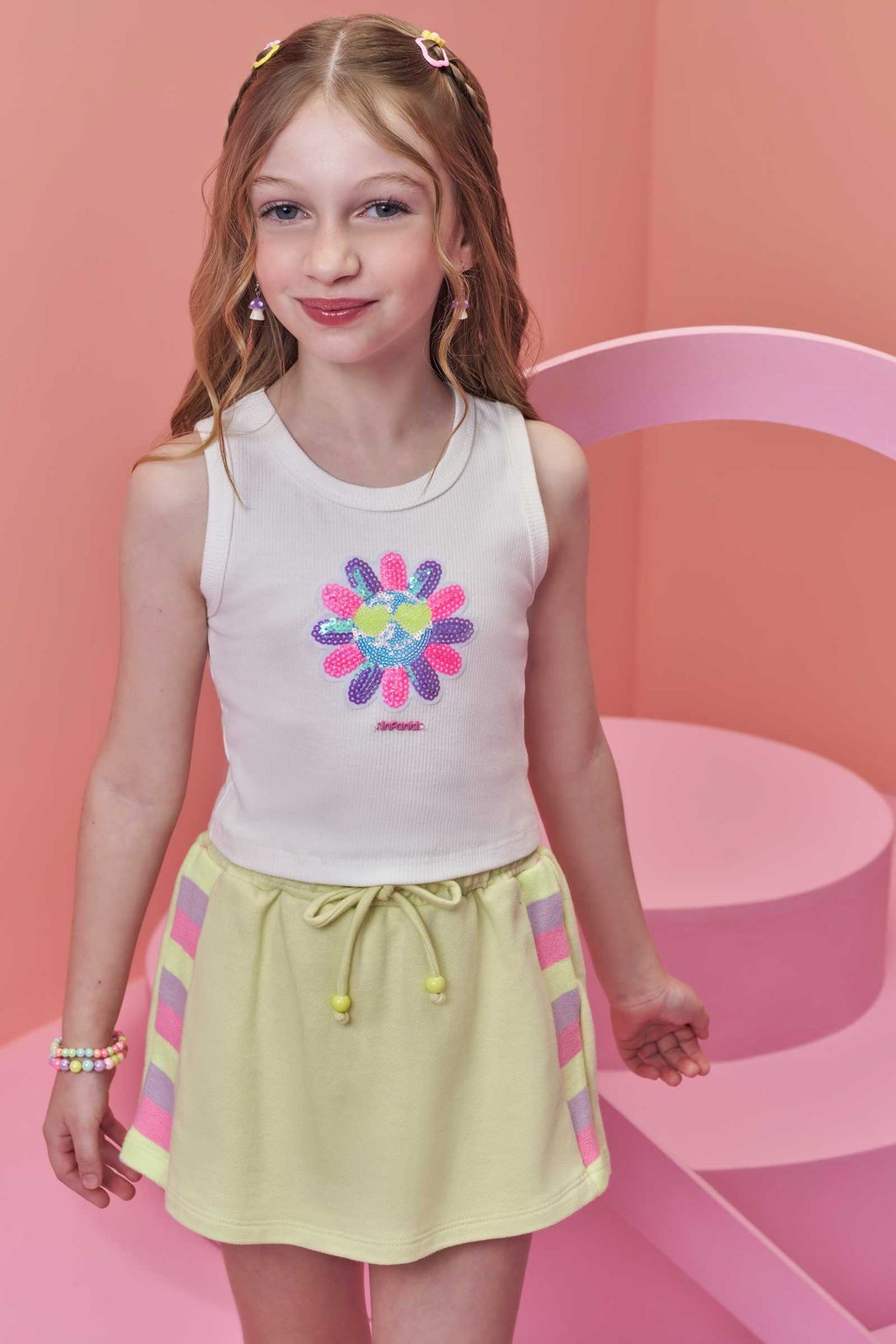 Conjunto de regata em canelado liz e short saia em moletom sem pelúcia 98379 Infanti Infantil Menina