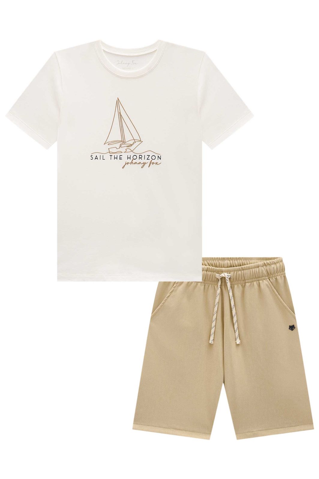 Conjunto de camiseta em meia malha e bermuda em cotton jeans com elastano 95690 Johnny Fox Teen Menino Conjunto de camiseta em meia malha e bermuda em cotton jeans com elastano 95690 Johnny Fox Teen Menino