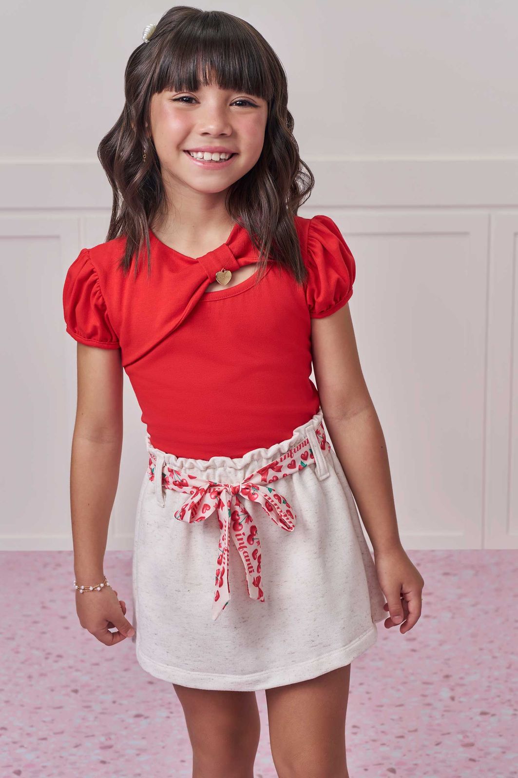 Conjunto de blusa em cotton e short saia em moletom linho sem pelúcia 98988 Infanti Infantil Menina