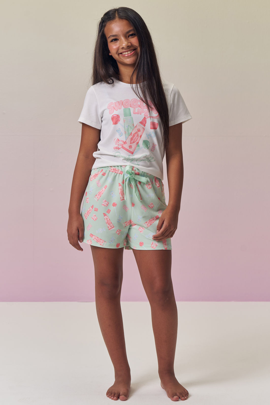 Conjunto de pijama com blusa em malha fresh e shorts em malha comfy 95083 Vic Teen Menina