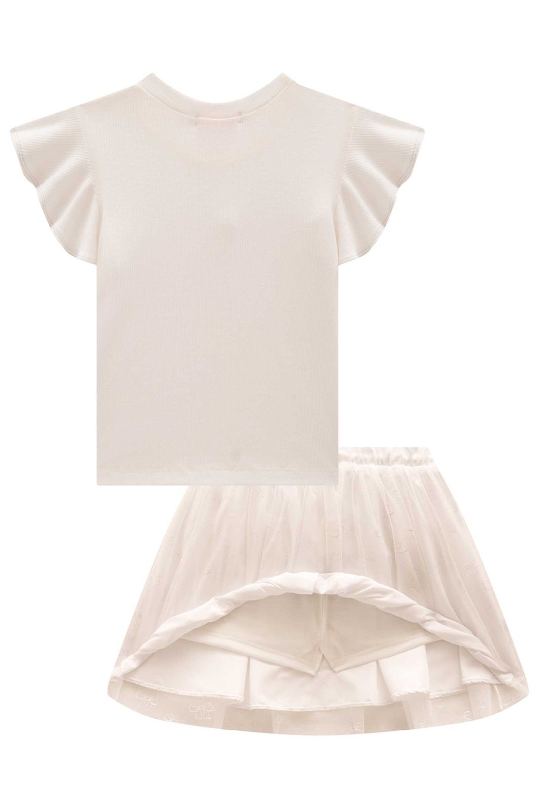 Conjunto de blusa em canelado e saia em tule laços (com shorts embutido) 98703 Kukiê Infantil Menina Conjunto de blusa em canelado e saia em tule laços (com shorts embutido) 98703 Kukiê Infantil Menina