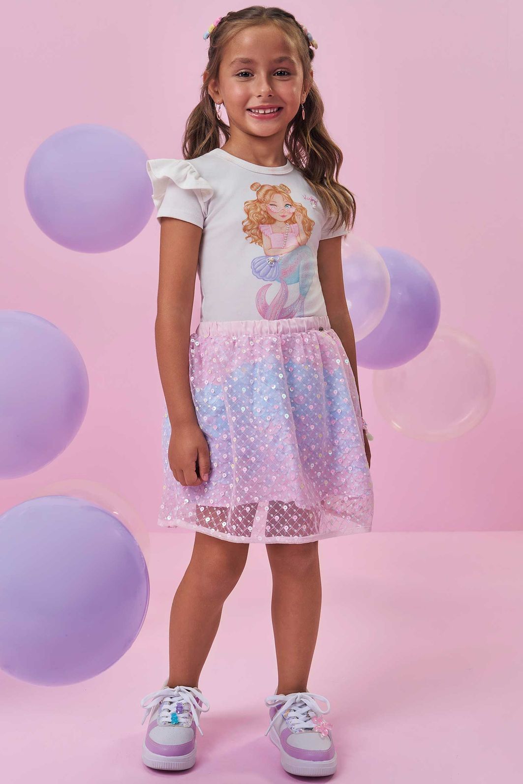 Conjunto de blusa em cotton e saia em tule paetê bordado (com shorts embutido) 99437 Kukiê Infantil Menina