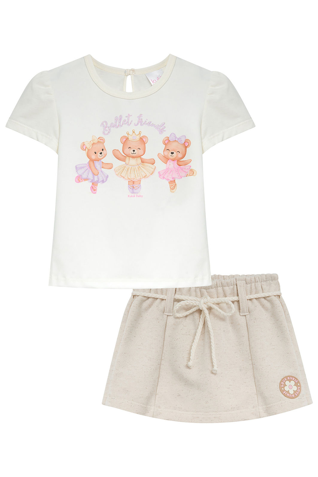 Conjunto de blusa em meia malha e short saia em moletom linho sem pelúcia 95240 Kukiê Infantil Menina