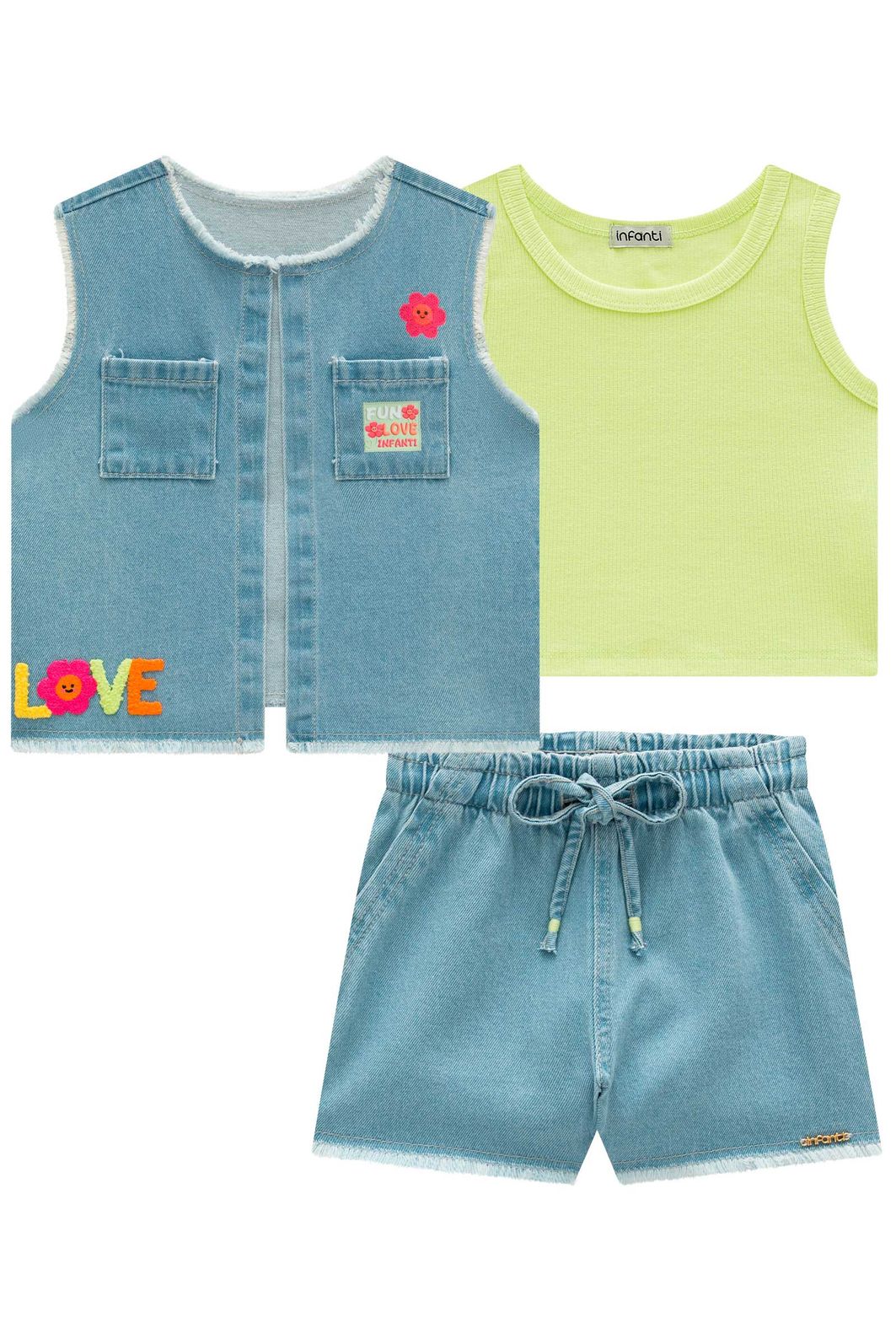 Trio de regata em canelado, colete e shorts em jeans 99311 Infanti Infantil Menina Trio de regata em canelado, colete e shorts em jeans 99311 Infanti Infantil Menina