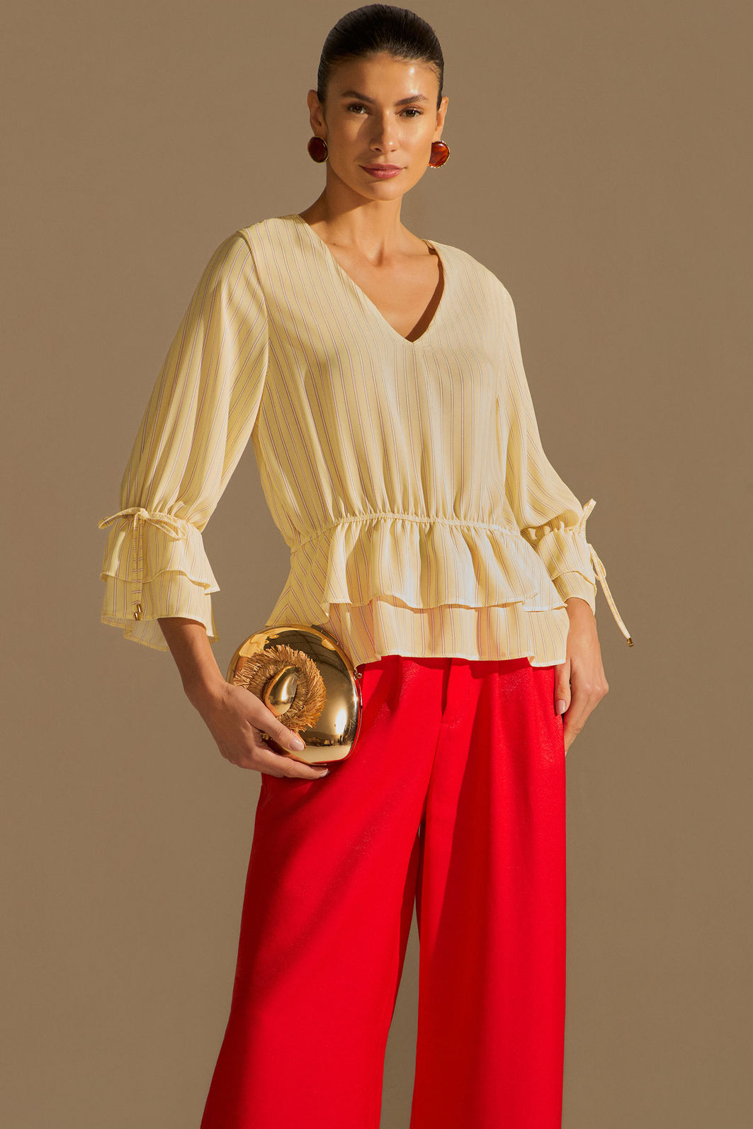 Bata de babados em chiffon listrado 96188 Linzzi
