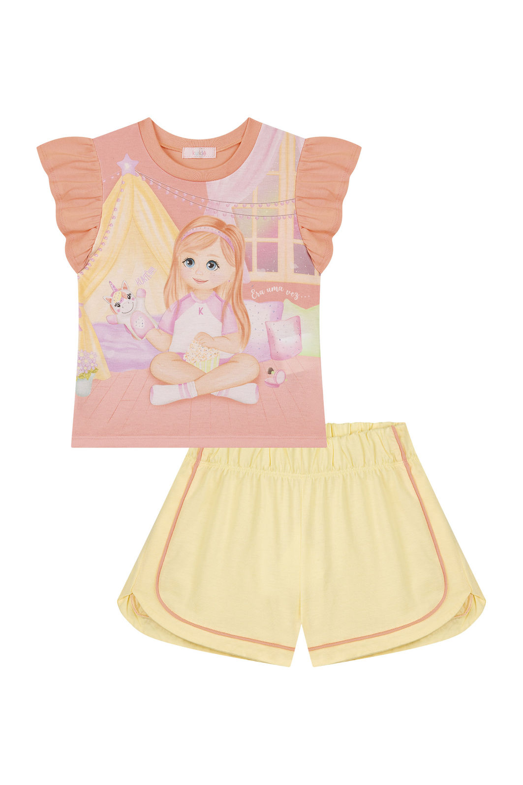 Conjunto de pijama de blusa em flamê e shorts em meia malha 88747 Kukiê Infantil Menina Conjunto de pijama de blusa em flamê e shorts em meia malha 88747 Kukiê Infantil Menina