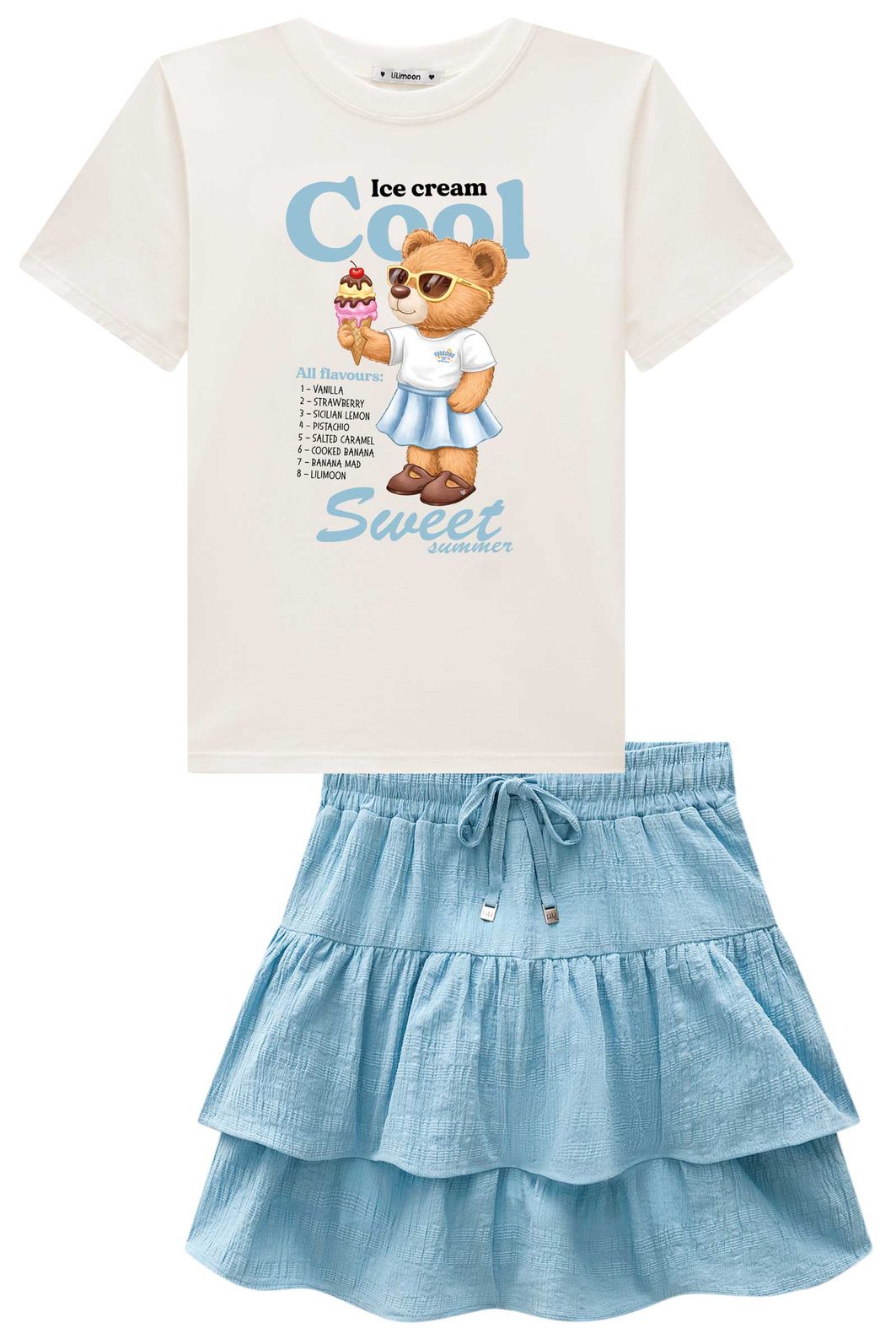 Conjunto de camiseta comfy em meia malha e saia em tecido plano aimee com shorts embutido 98585 Lilimoon Teen Menina