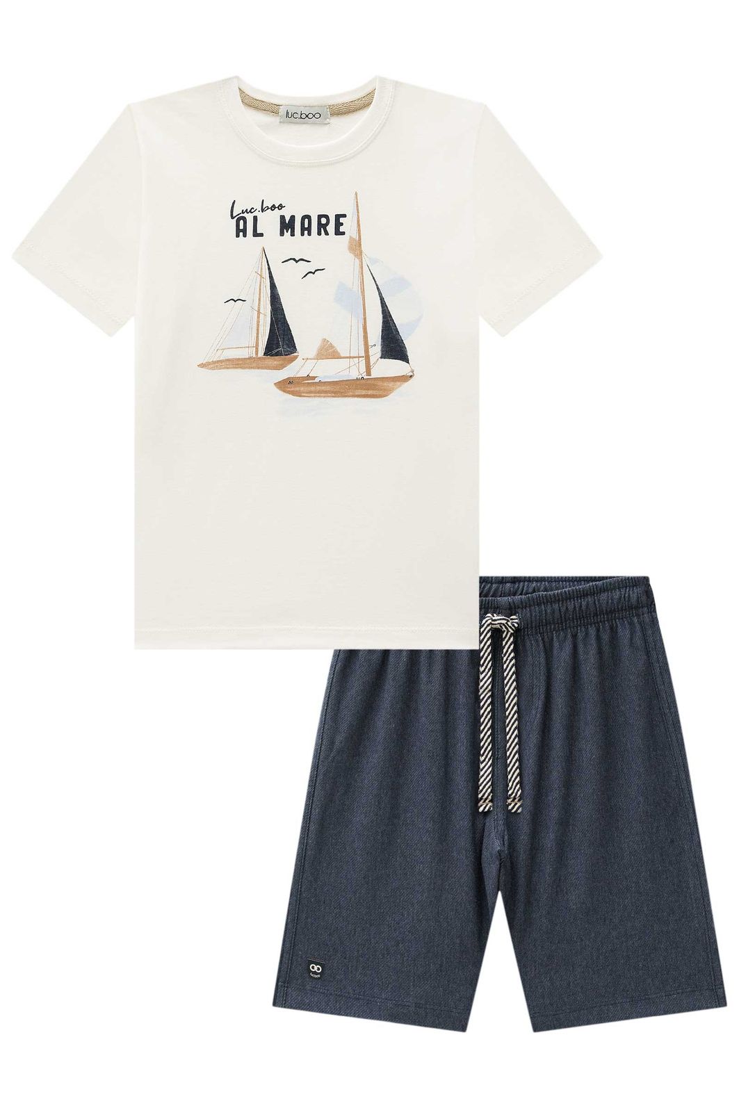 Conjunto camiseta em meia malha e bermuda em cotton jeans com elastano 95436 LucBoo Infantil Menino Conjunto camiseta em meia malha e bermuda em cotton jeans com elastano 95436 LucBoo Infantil Menino