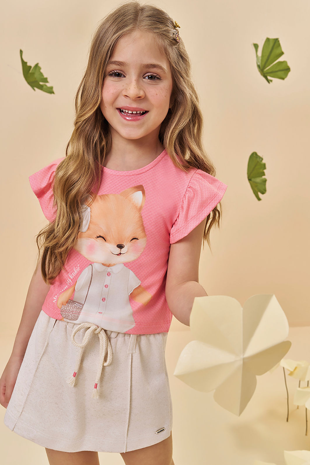 Conjunto de blusa em malha fresh e short saia em moletom sem pelúcia 94783 Kukiê Infantil Menina