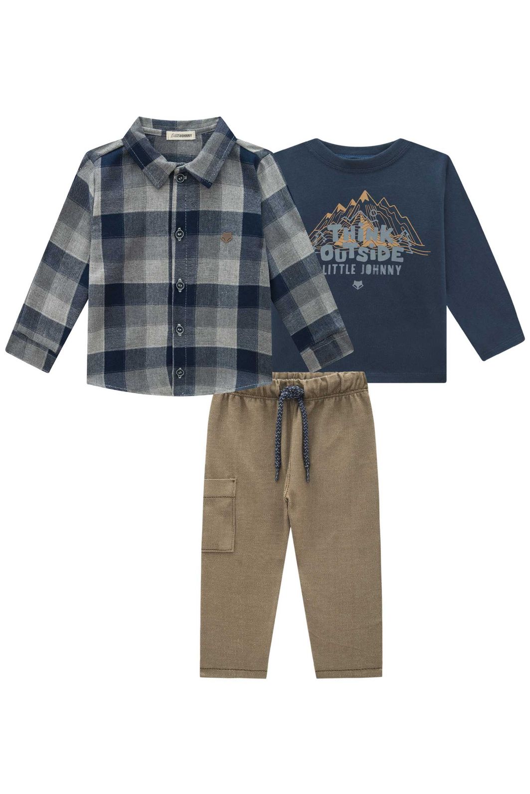 Trio camisa em flanela xadrez, camiseta em meia malha e calça comfy malha denim com elast. 90982 Johnny Fox Bebê Menino Trio camisa em flanela xadrez, camiseta em meia malha e calça comfy malha denim com elast. 90982 Johnny Fox Bebê Menino