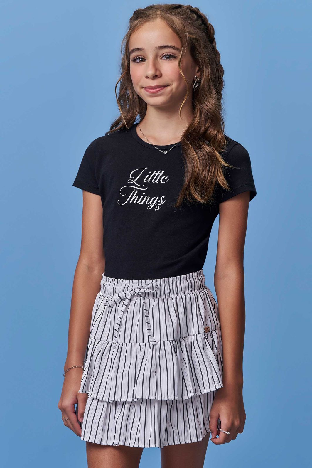 Conjunto de blusa em cotton e saia em tricoline listrado com shorts embutido 98512 Vic Teen Menina Conjunto de blusa em cotton e saia em tricoline listrado com shorts embutido 98512 Vic Teen Menina