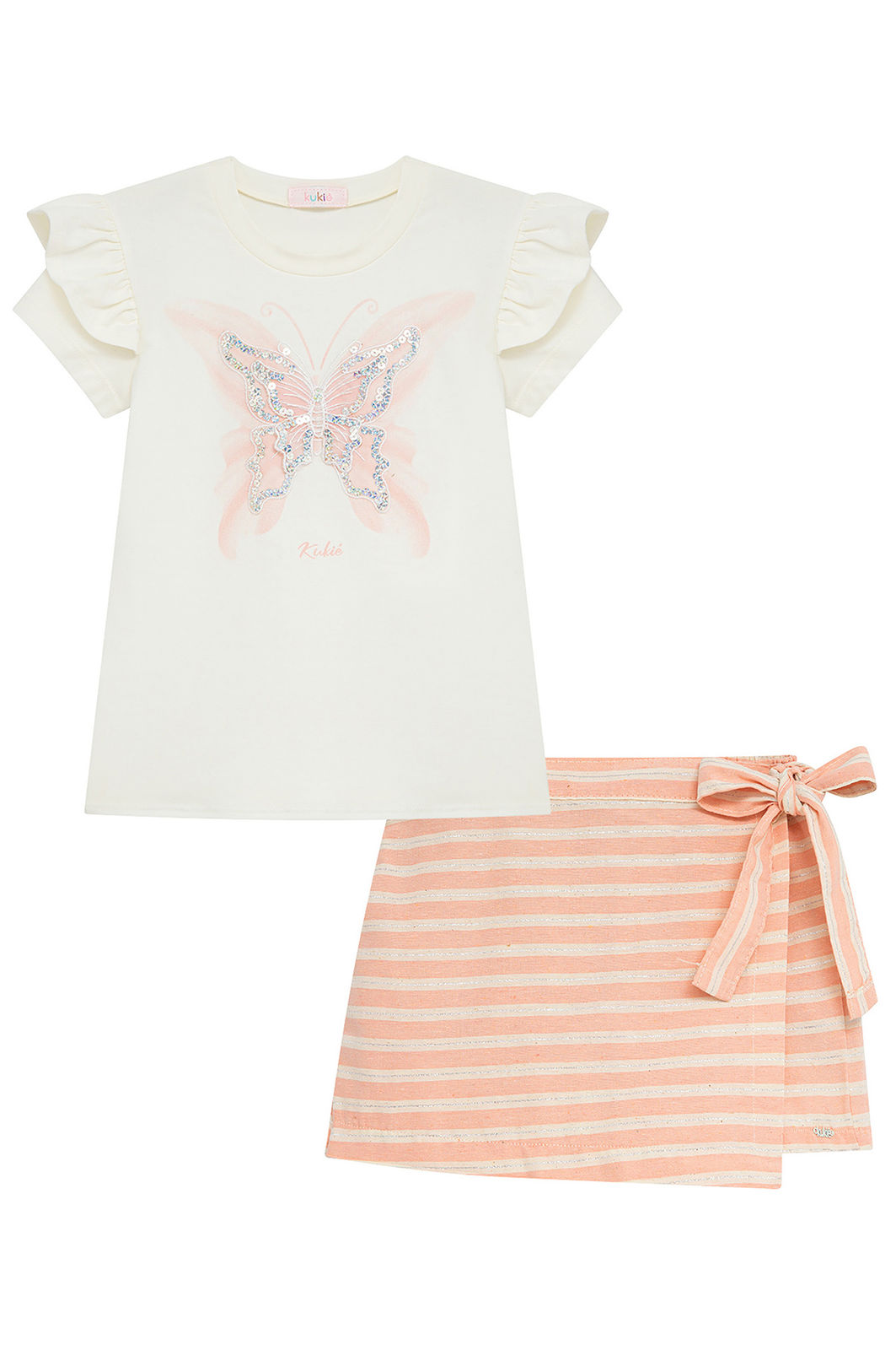 Conjunto de blusa em cotton e short saia em tecido listrado shine 93655 Kukiê Infantil Menina