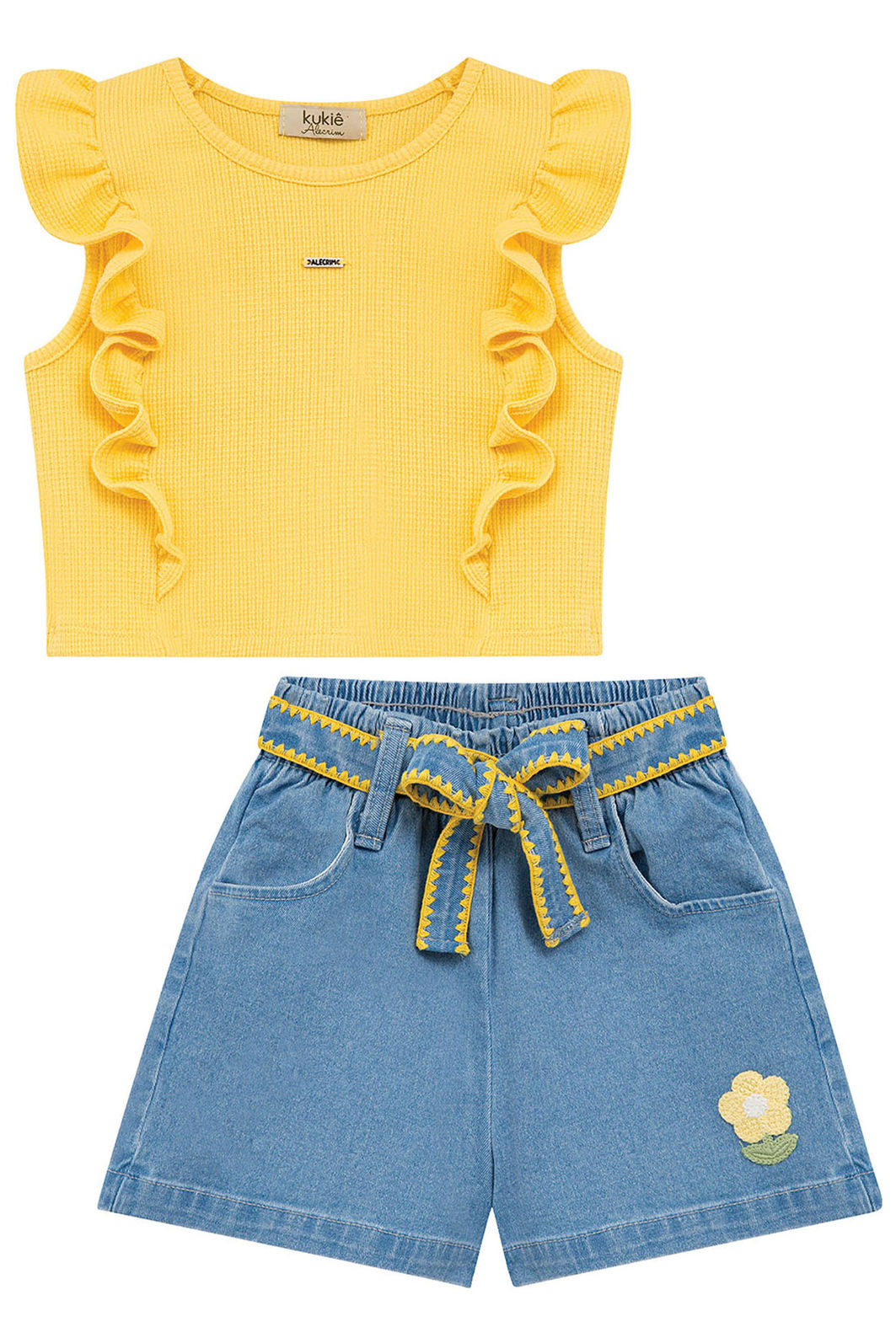 Conjunto de blusa em malha waffle e shorts em jeans com elastano 94796 Kukiê Infantil Menina Conjunto de blusa em malha waffle e shorts em jeans com elastano 94796 Kukiê Infantil Menina