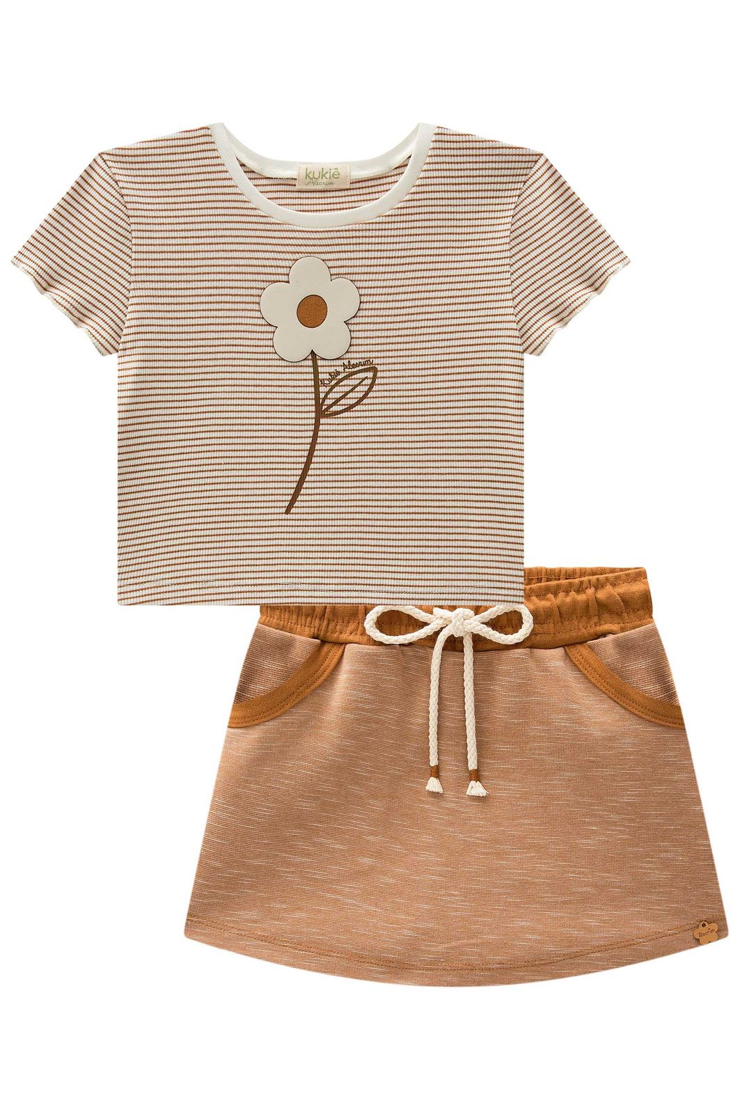 Conjunto de blusa em ribana listrada e short saia em malha  mesclada bicolor 98731 Kukiê Infantil Menina
