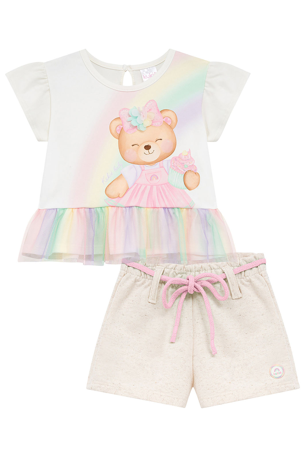 Conjunto de bata em cotton e tule com elastano e shorts em moletom linho sem pelúcia 95350 Kukiê Infantil Menina Conjunto de bata em cotton e tule com elastano e shorts em moletom linho sem pelúcia 95350 Kukiê Infantil Menina