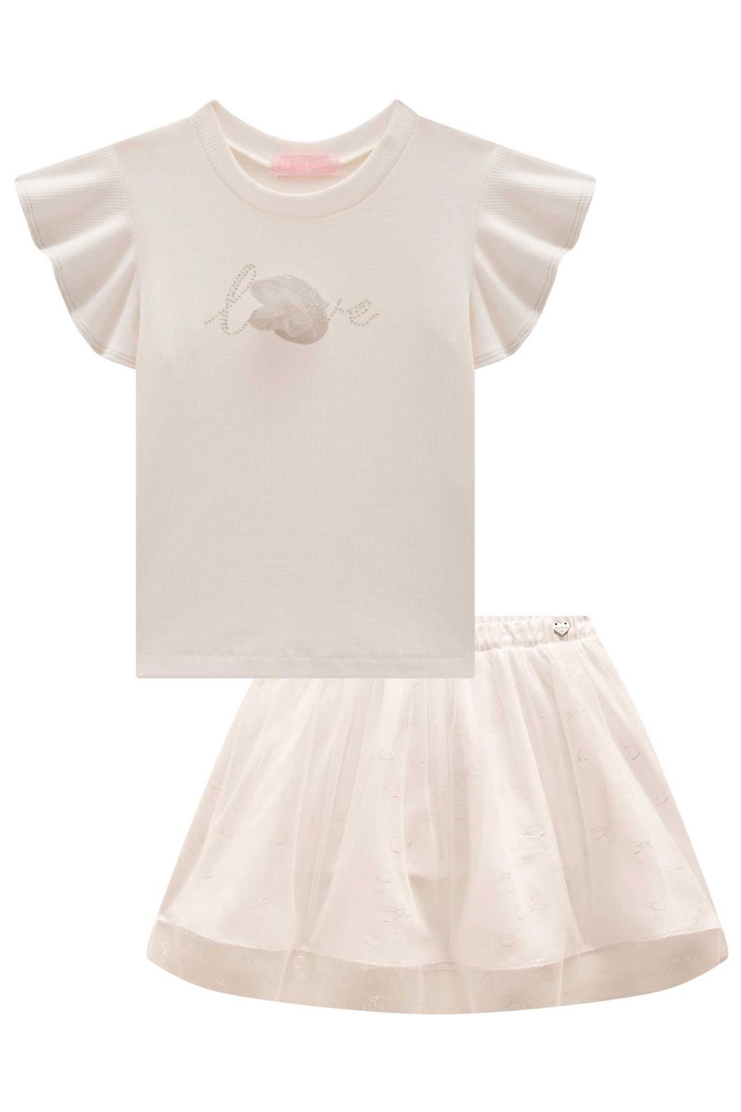 Conjunto de blusa em canelado e saia em tule laços (com shorts embutido) 98703 Kukiê Infantil Menina Conjunto de blusa em canelado e saia em tule laços (com shorts embutido) 98703 Kukiê Infantil Menina