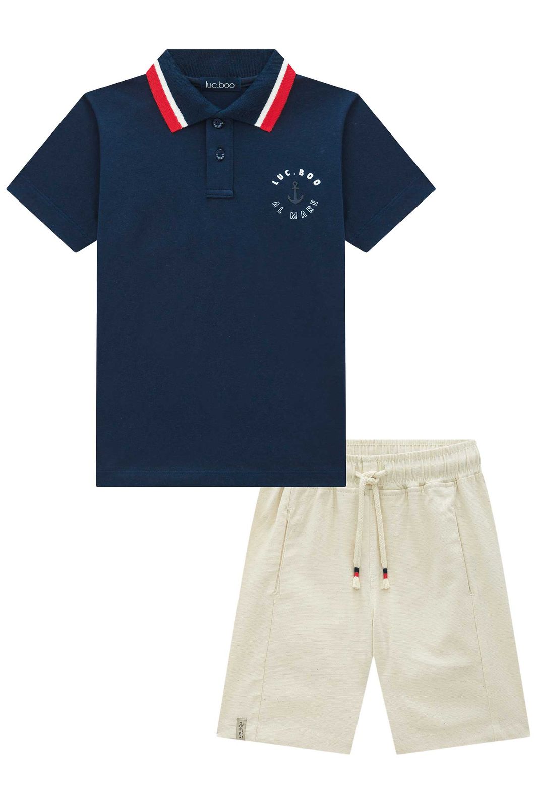 Conjunto de camisa polo em meia malha e bermuda em linho santorine com elastano 95477 LucBoo Infantil Menino Conjunto de camisa polo em meia malha e bermuda em linho santorine com elastano 95477 LucBoo Infantil Menino
