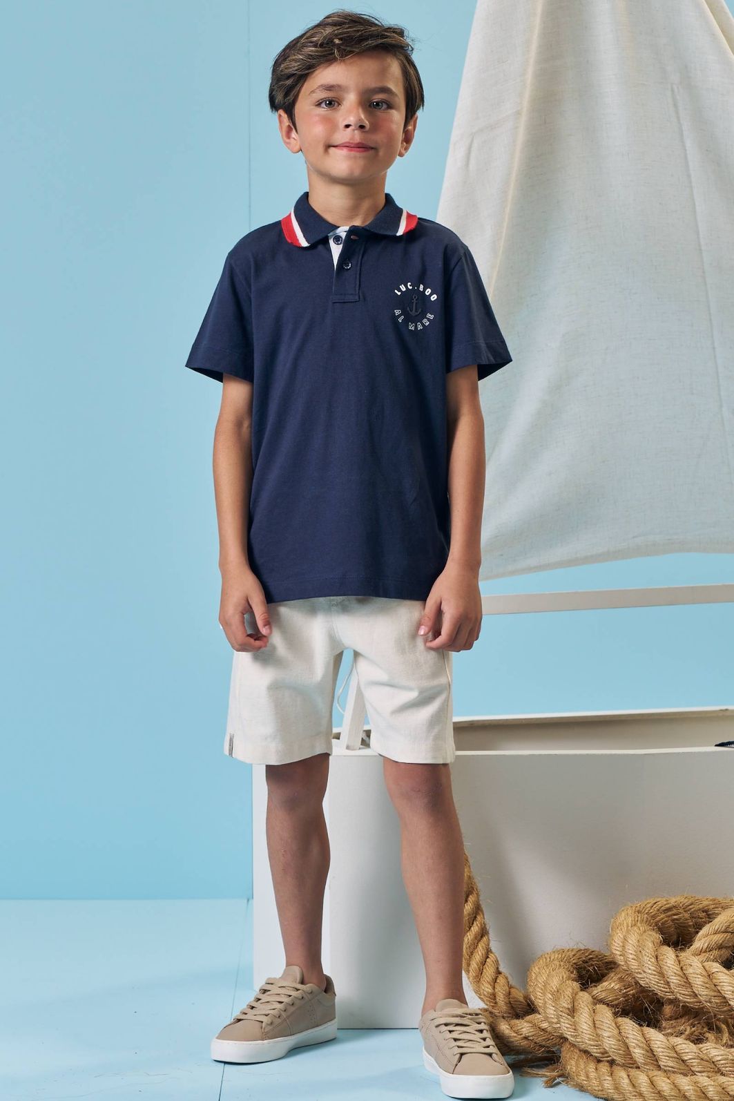 Conjunto de camisa polo em meia malha e bermuda em linho santorine com elastano 95477 LucBoo Infantil Menino Conjunto de camisa polo em meia malha e bermuda em linho santorine com elastano 95477 LucBoo Infantil Menino