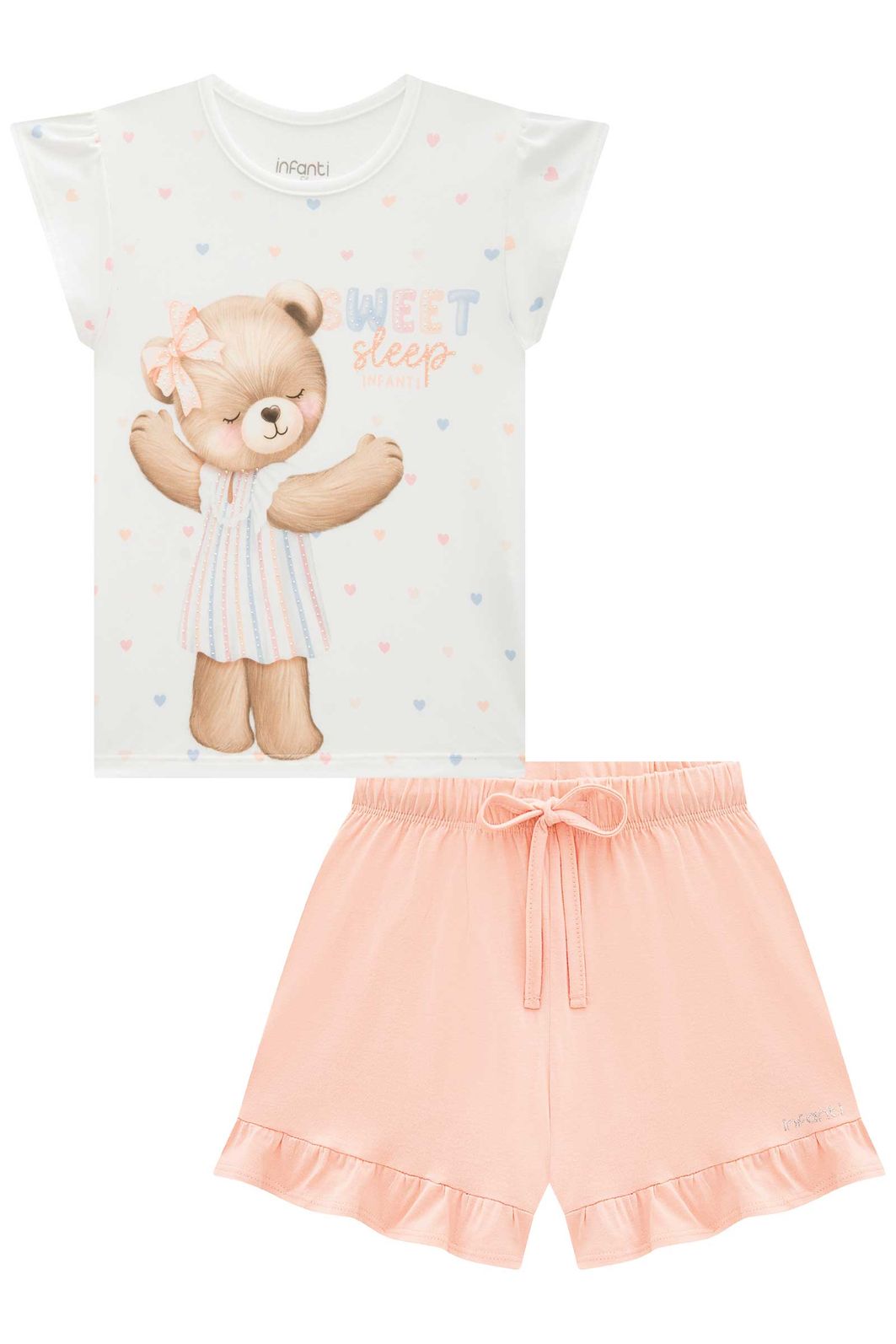 Conjunto de pijama de blusa em malha comfy com shorts em meia malha 96028 Infanti Infantil Menina