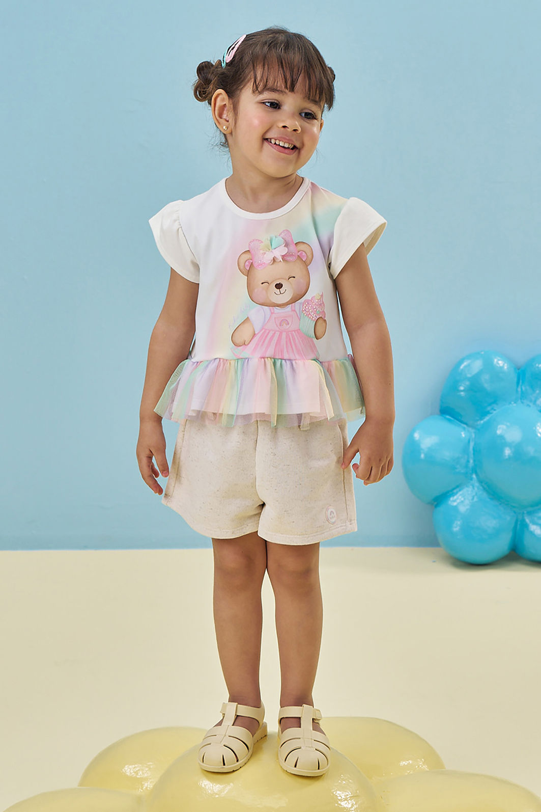 Conjunto de bata em cotton e tule com elastano e shorts em moletom linho sem pelúcia 95350 Kukiê Infantil Menina Conjunto de bata em cotton e tule com elastano e shorts em moletom linho sem pelúcia 95350 Kukiê Infantil Menina