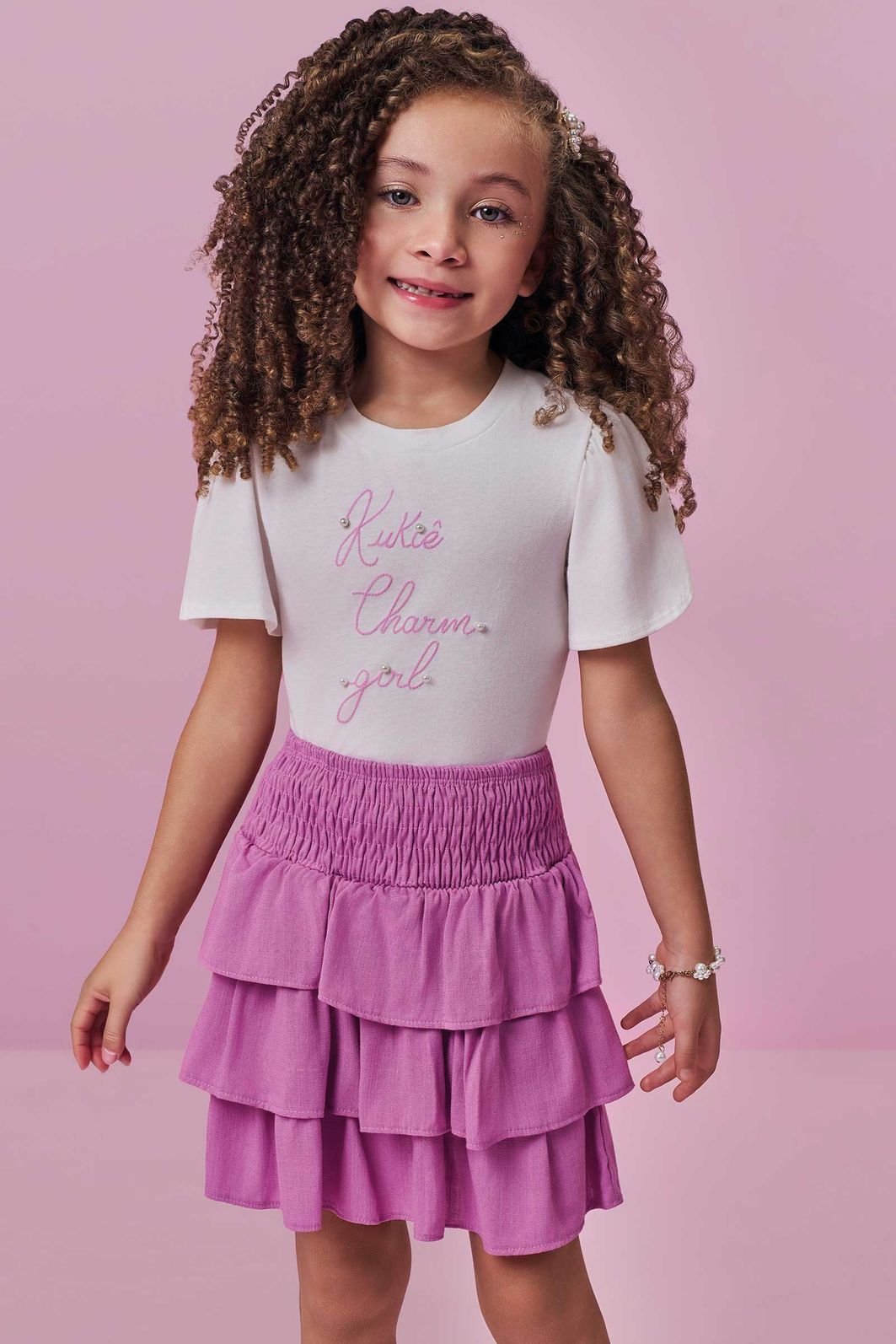 Conjunto de blusa em meia malha e saia em viscose (com shorts embutido) 99446 Kukiê Infantil Menina Conjunto de blusa em meia malha e saia em viscose (com shorts embutido) 99446 Kukiê Infantil Menina