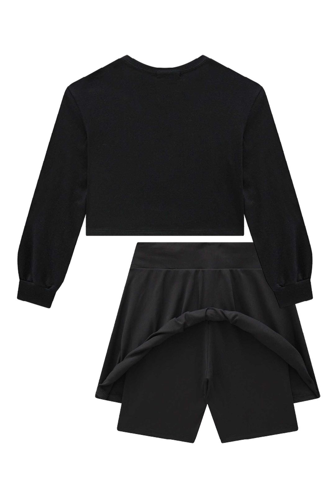 Conjunto de blusa cropped em meia malha e saia em poliamida com shorts embutido 92286 Lilimoon Teen Menina