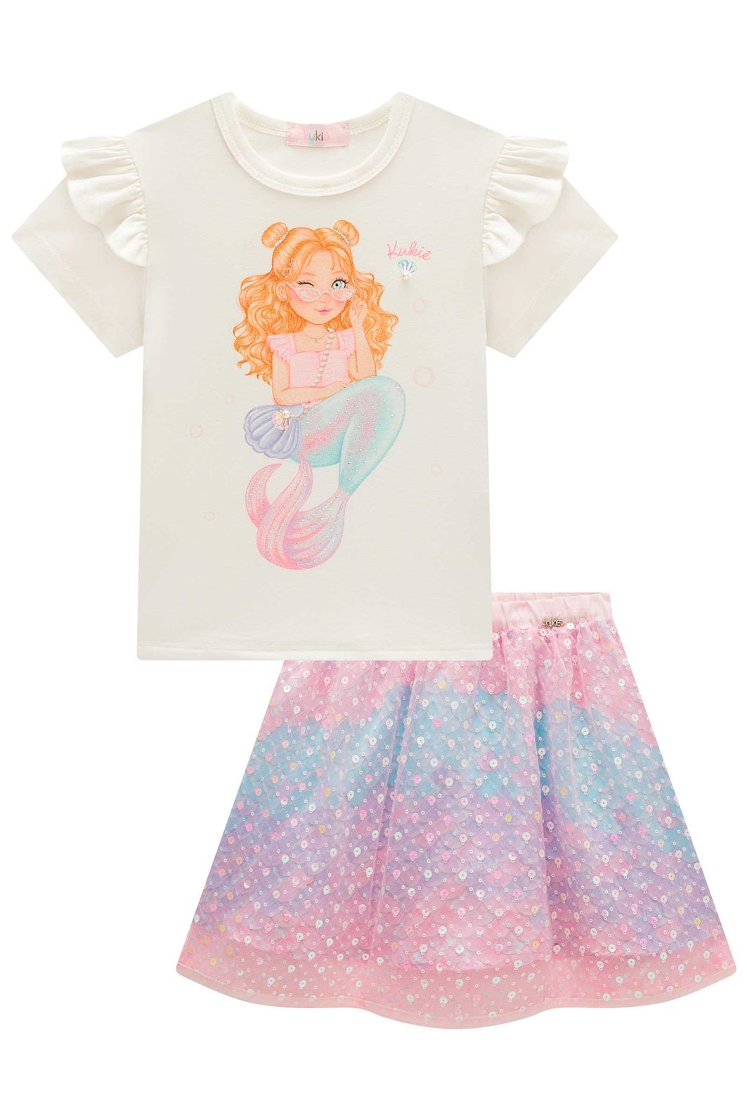 Conjunto de blusa em cotton e saia em tule paetê bordado (com shorts embutido) 99437 Kukiê Infantil Menina