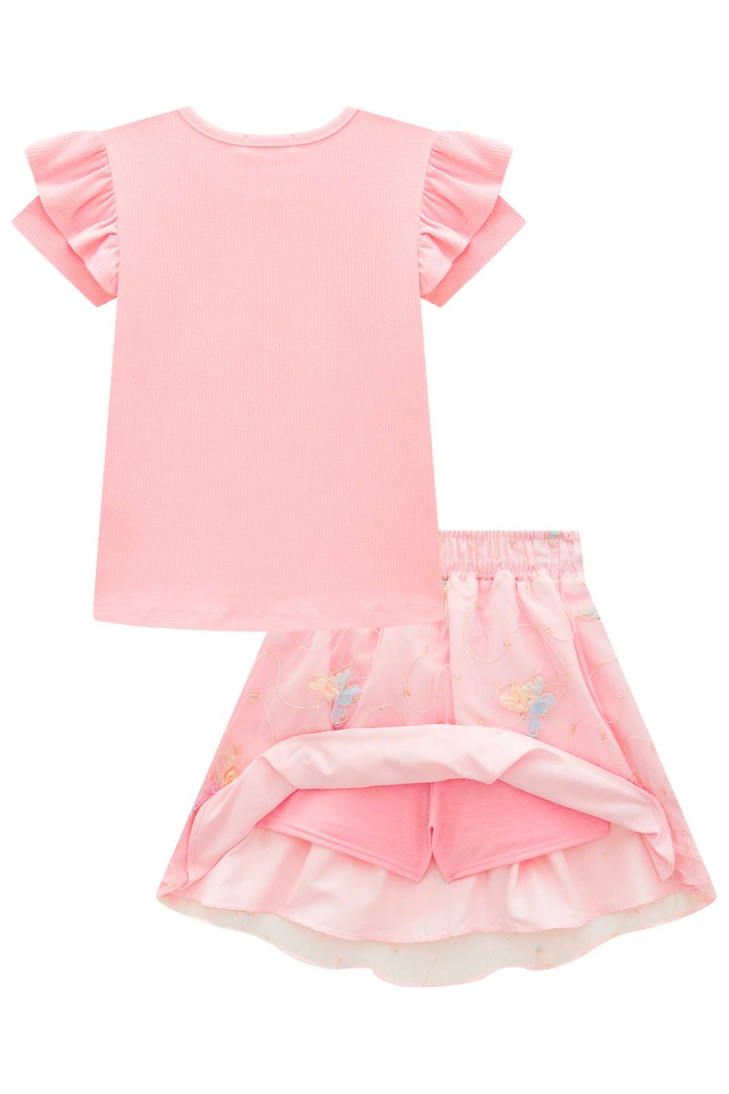 Conjunto de blusa em canelado liz e saia em tule bordado borboletas. Com short embutido 98897 Infanti Infantil Menina