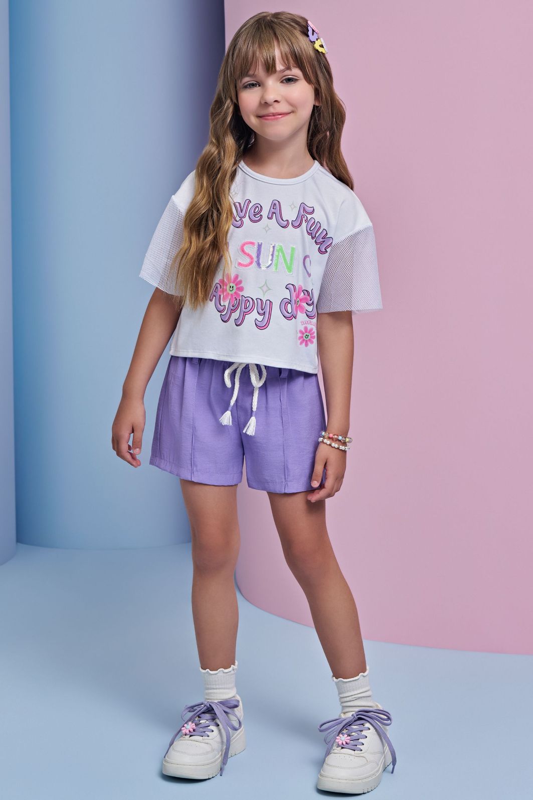Conjunto de blusa em meia malha e tela e shorts em blend de viscose 93215 Infanti Infantil Menina Conjunto de blusa em meia malha e tela e shorts em blend de viscose 93215 Infanti Infantil Menina