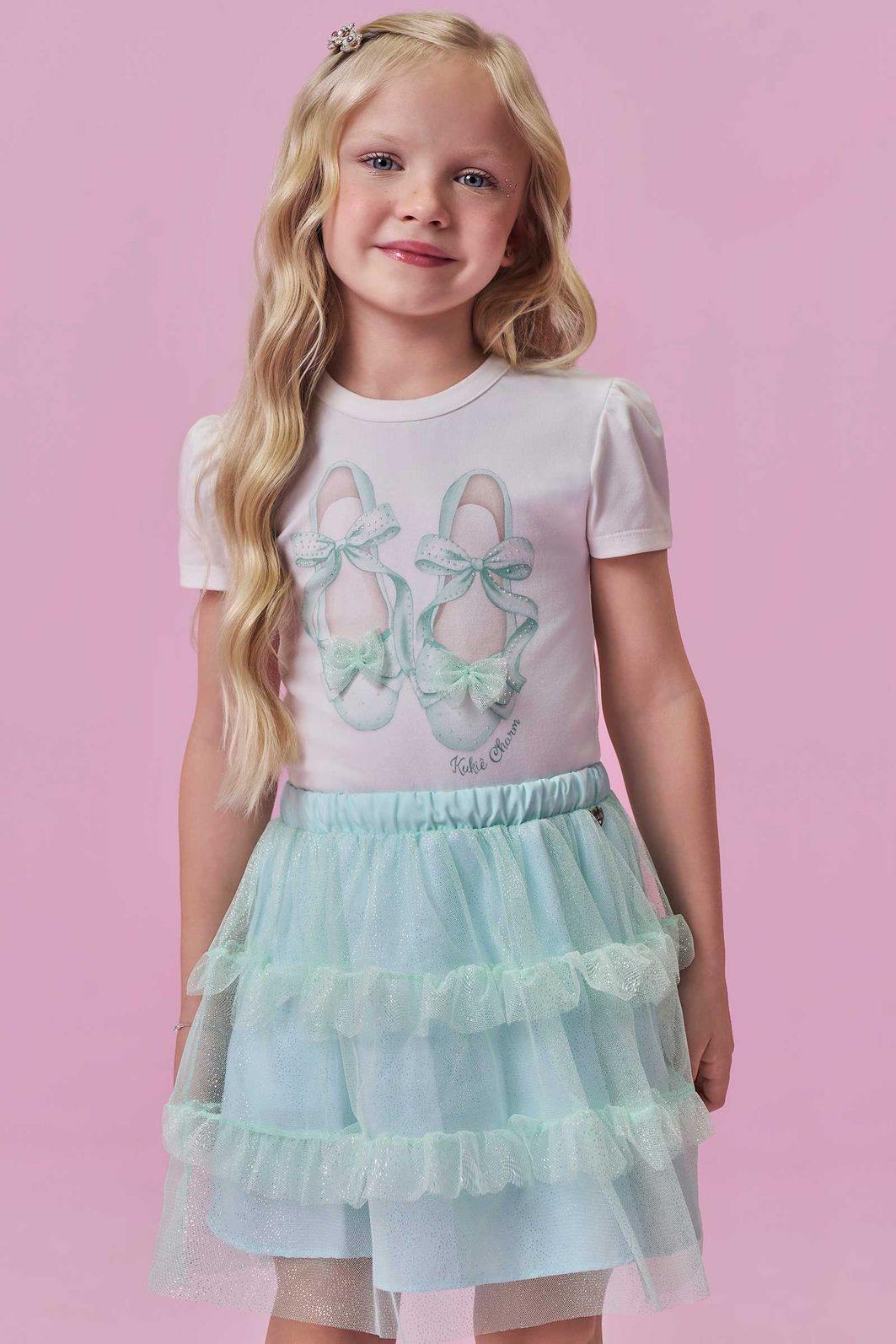Conjunto de blusa em cotton e saia em tule glitter (com shorts embutido) 98842 Kukiê Infantil Menina Conjunto de blusa em cotton e saia em tule glitter (com shorts embutido) 98842 Kukiê Infantil Menina