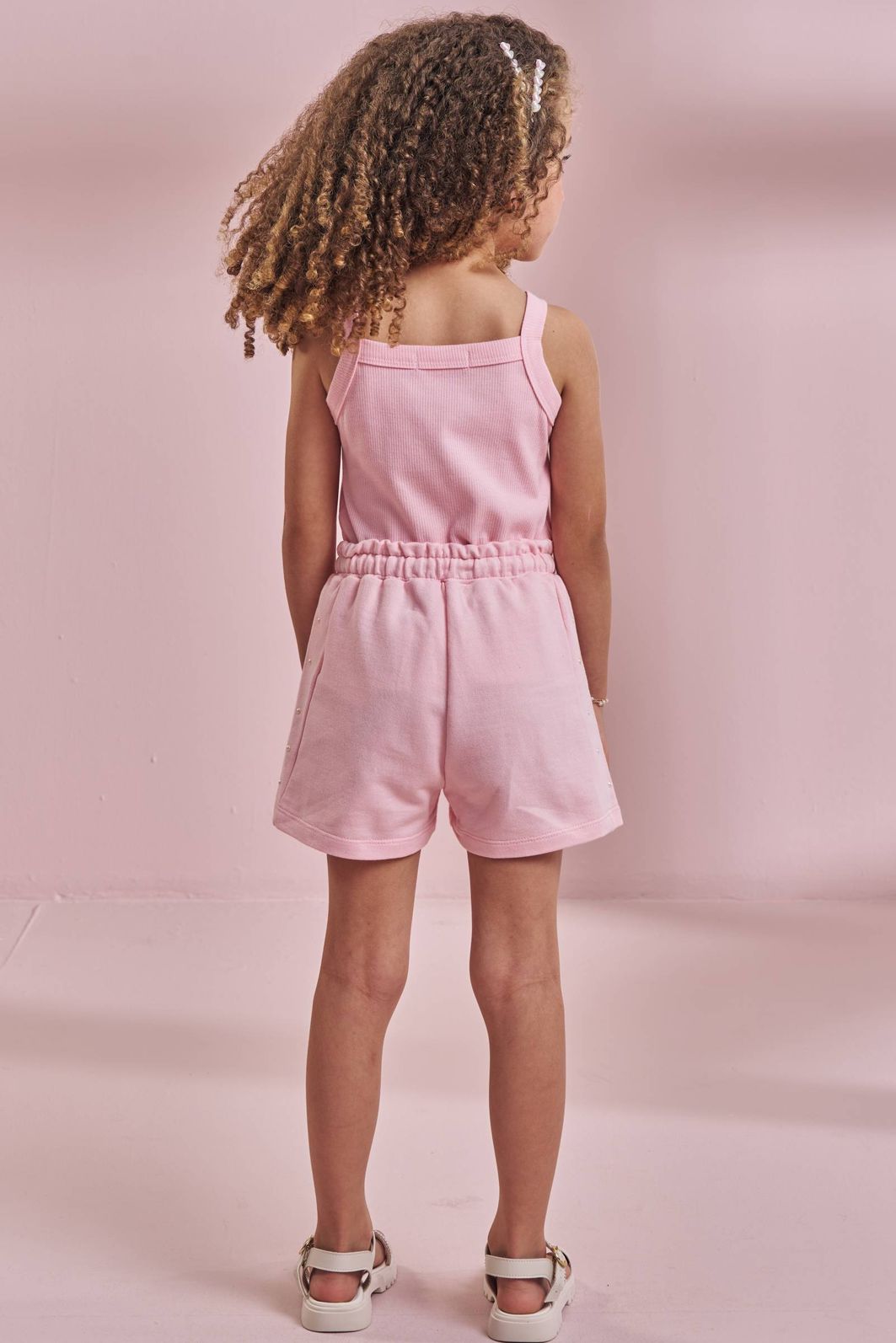 Conjunto de regata em canelado liz e shorts em moletom sem pelúcia 96545 Kukiê Infantil Menina