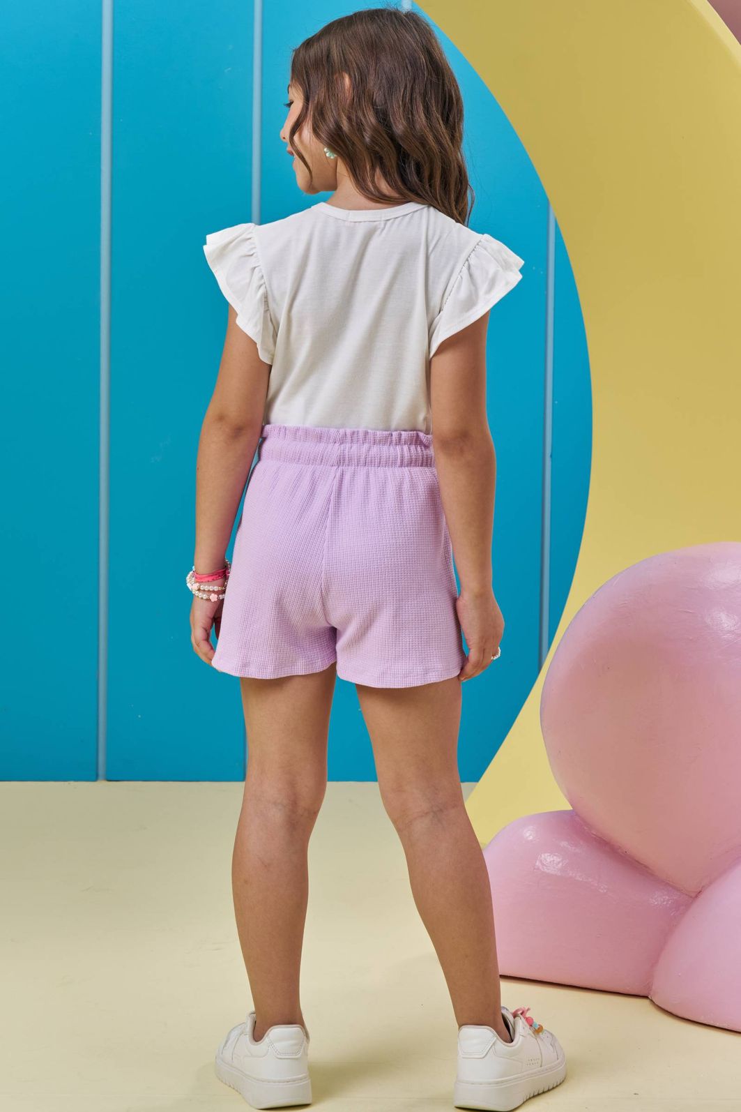 Conjunto de blusa em meia malha e shorts em malha little waffle 95970 Kukiê Infantil Menina