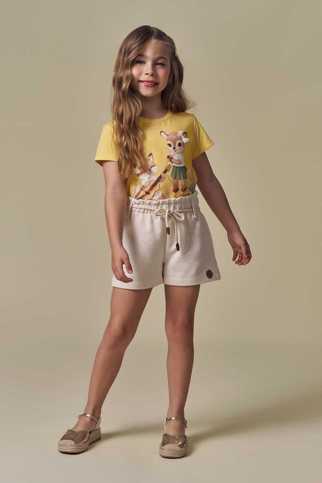 Conjunto de blusa em meia malha e shorts em moletom sem pelúcia 94932 Infanti Infantil Menina