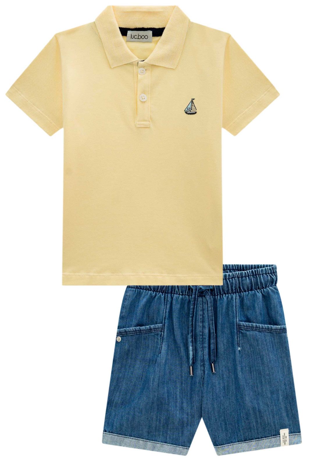 Conjunto de camisa polo em piquet com elastano e bermuda em jeans benício com elastano 98233 LucBoo Infantil Menino Conjunto de camisa polo em piquet com elastano e bermuda em jeans benício com elastano 98233 LucBoo Infantil Menino