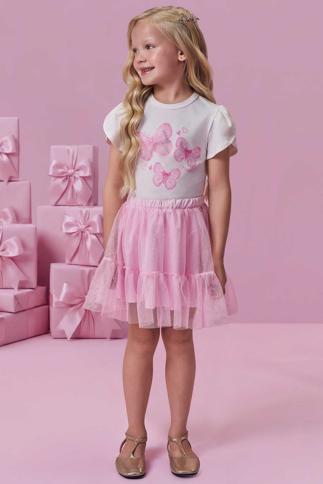 Conjunto de blusa em cotton e saia em tule glitter (com shorts embutido) 98839 Kukiê Infantil Menina Conjunto de blusa em cotton e saia em tule glitter (com shorts embutido) 98839 Kukiê Infantil Menina
