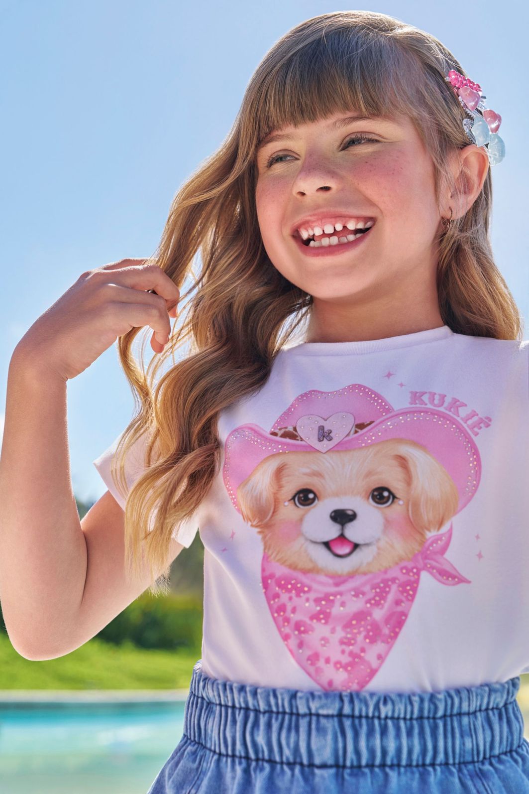 Conjunto de blusa em meia malha e short saia em jeans com elastano 97132 Kukiê Infantil Menina Conjunto de blusa em meia malha e short saia em jeans com elastano 97132 Kukiê Infantil Menina