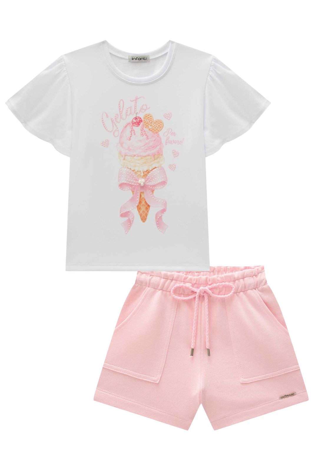 Conjunto de blusa em meia malha e shorts em moletom sem pelúcia 96267 Infanti Infantil Menina