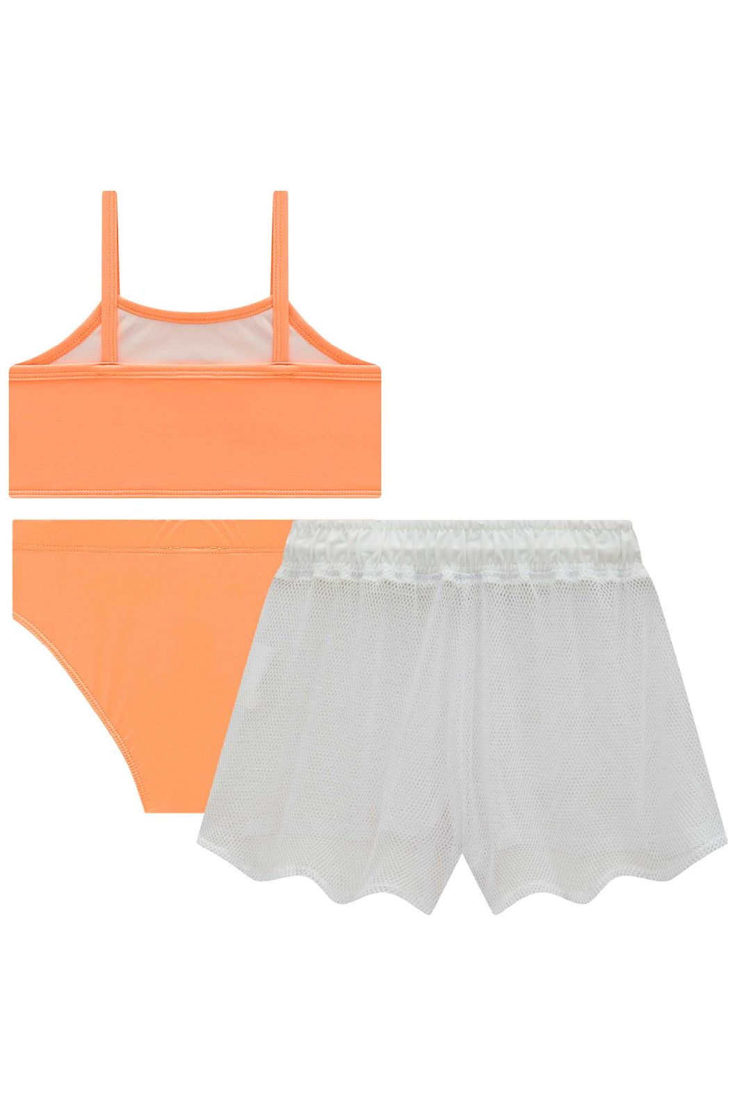 Trio de biquíni em malha com proteção UV50+ e short saída de praia em tela fashion 99117 Kukiê Infantil Menina Trio de biquíni em malha com proteção UV50+ e short saída de praia em tela fashion 99117 Kukiê Infantil Menina