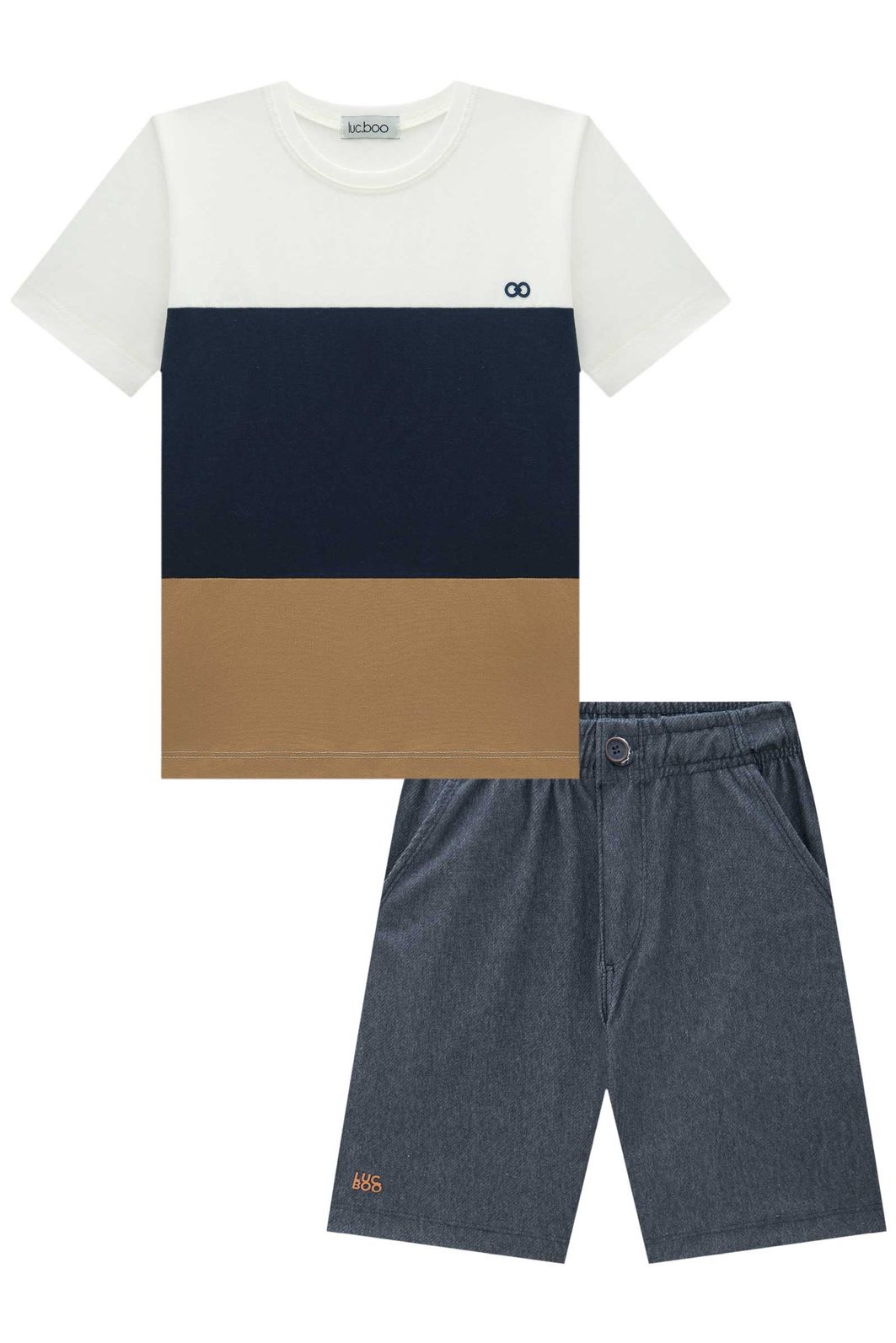 Conjunto de camiseta em meia malha e bermuda em cotton jeans com elastano 92433 LucBoo Infantil Menino Conjunto de camiseta em meia malha e bermuda em cotton jeans com elastano 92433 LucBoo Infantil Menino