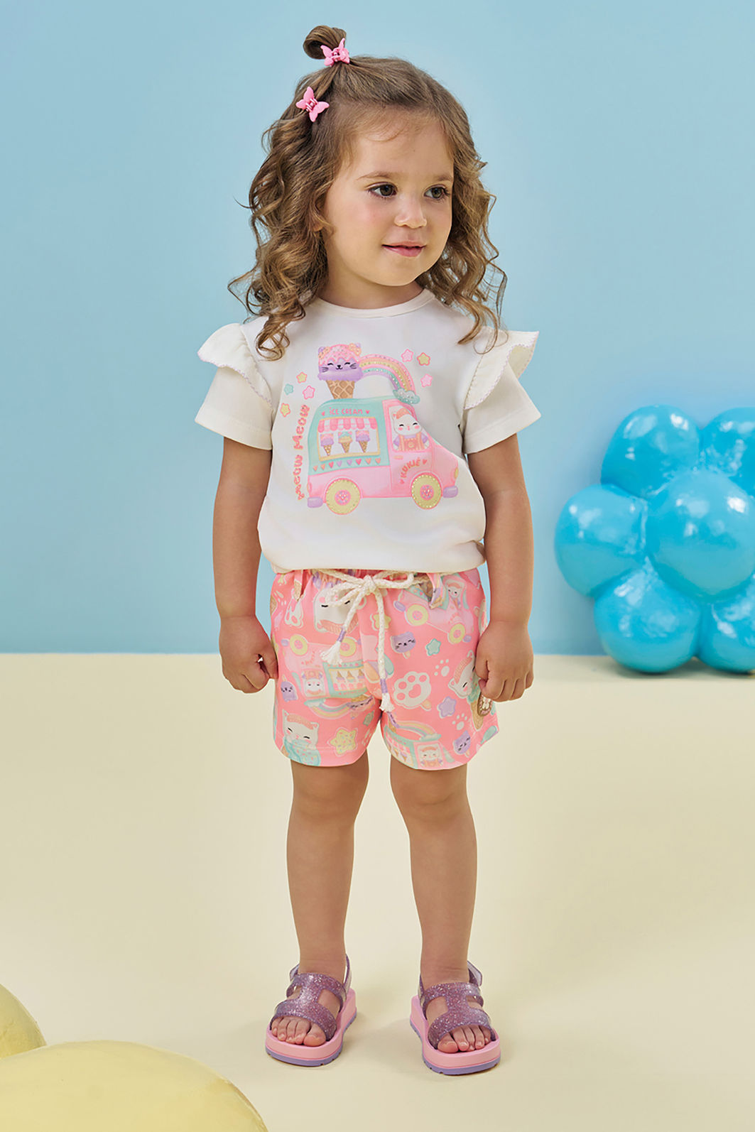 Conjunto de blusa em cotton e shorts em molecotton 95232 Kukiê Infantil Menina