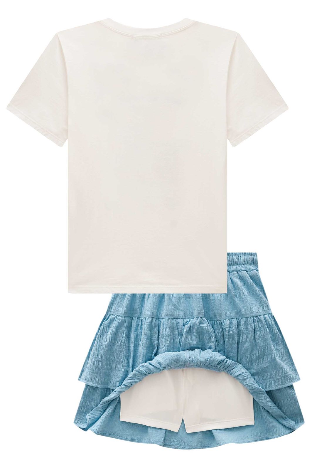 Conjunto de camiseta comfy em meia malha e saia em tecido plano aimee com shorts embutido 98585 Lilimoon Teen Menina
