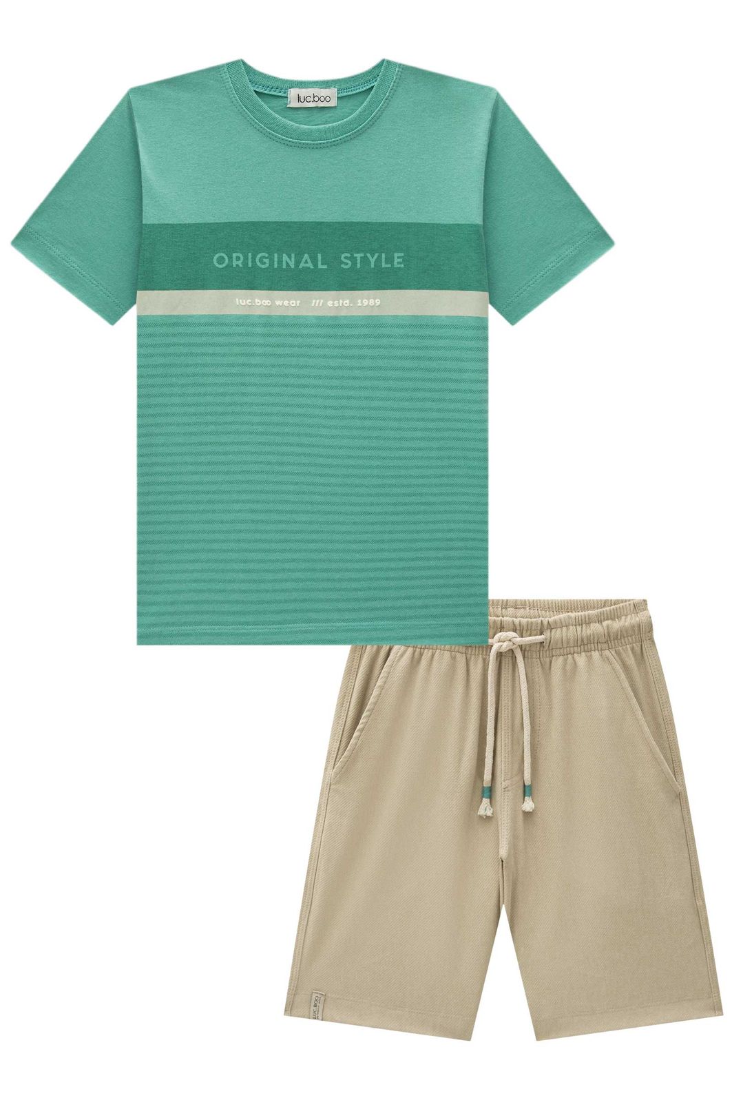 Conjunto de camiseta em meia malha e bermuda em cotton jeans com elastano 96976 LucBoo Infantil Menino Conjunto de camiseta em meia malha e bermuda em cotton jeans com elastano 96976 LucBoo Infantil Menino