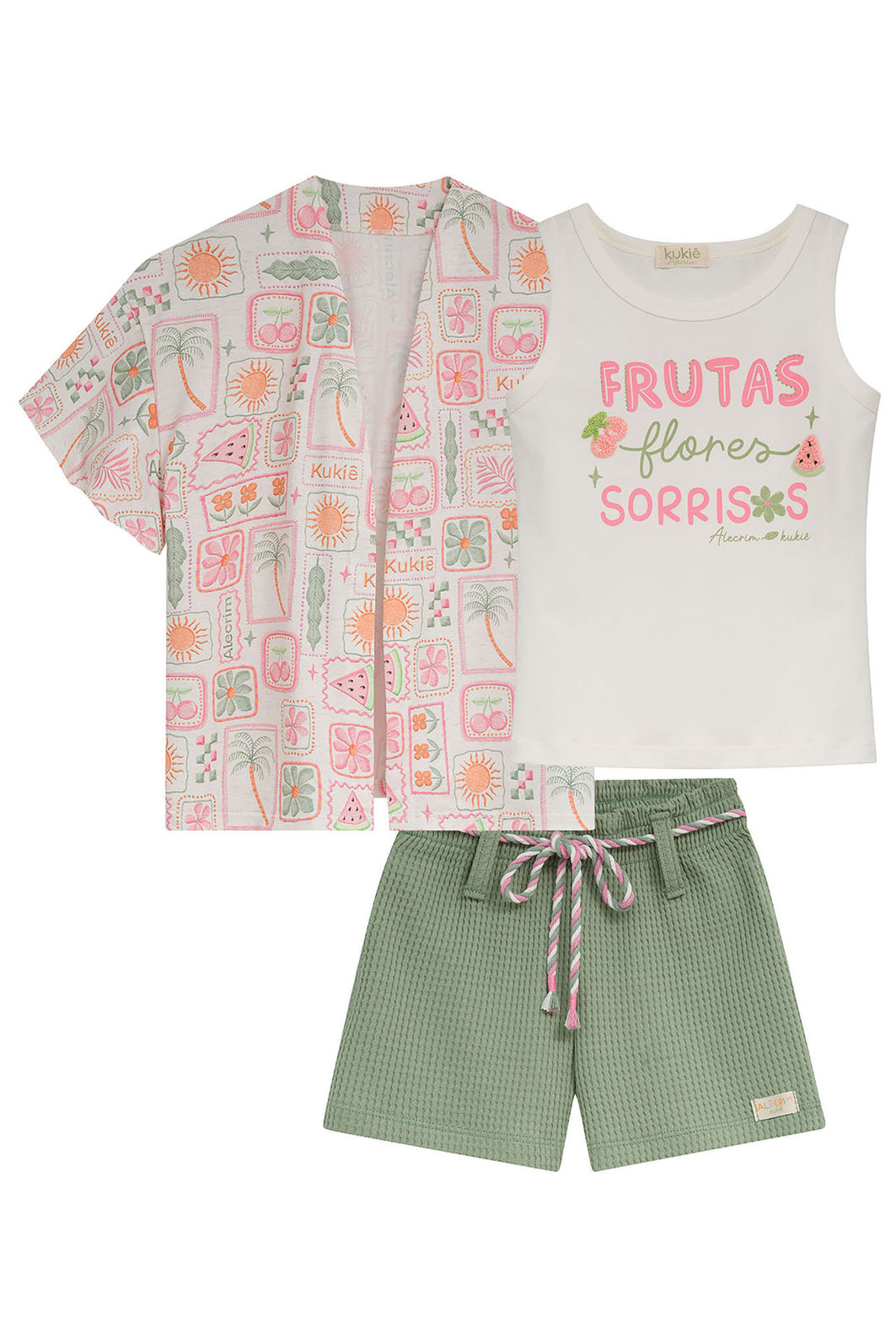 Trio de regata em cotton,shorts em malha big waffle e kimono em malha fresh 95227 Kukiê Infantil Menina Trio de regata em cotton,shorts em malha big waffle e kimono em malha fresh 95227 Kukiê Infantil Menina