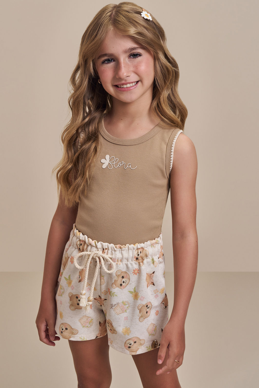 Conjunto de regata em canelado liz com shorts em moletom sem pelúcia 99151 Infanti Infantil Menina