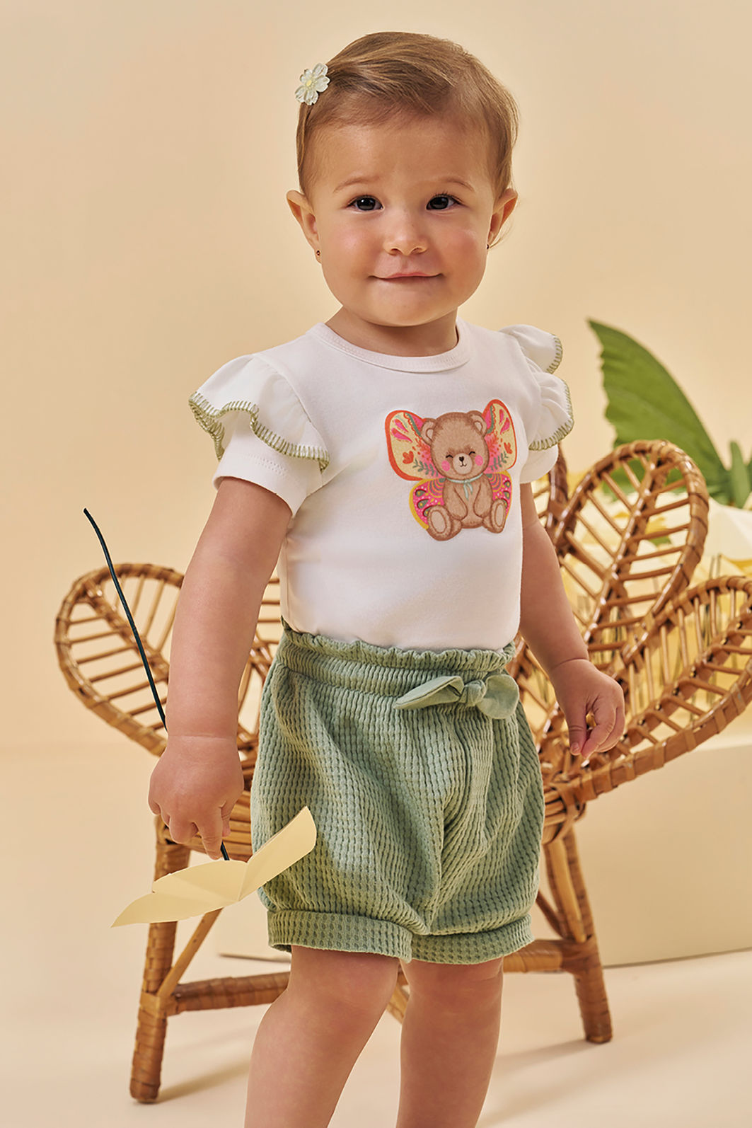 Conjunto de body em suedine e shorts em malha big waffle 95547 Kukiê Bebê Menina Conjunto de body em suedine e shorts em malha big waffle 95547 Kukiê Bebê Menina