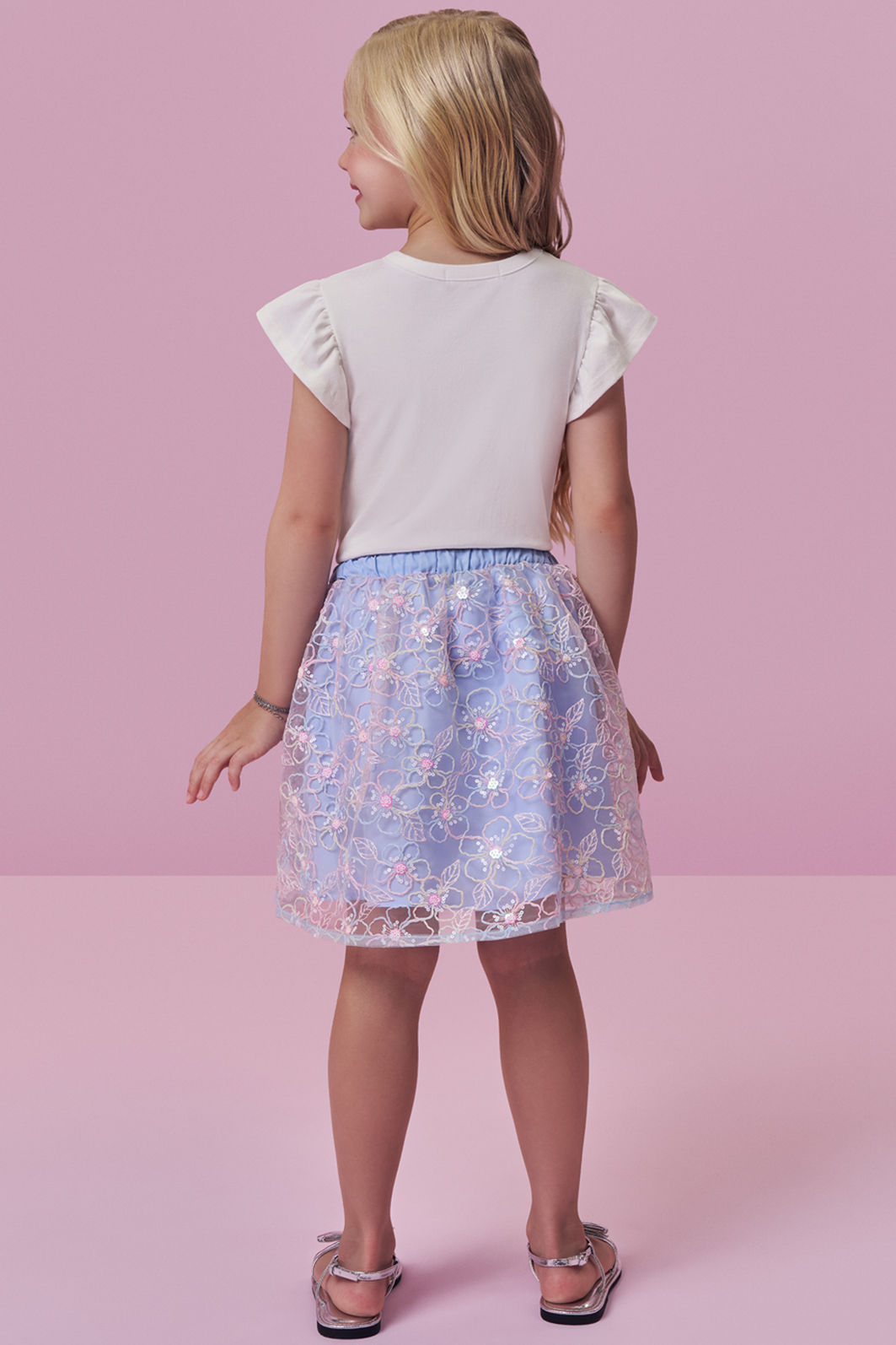 Conjunto de blusa em cotton e saia em tule bordado (com shorts embutido) 98712 Kukiê Infantil Menina