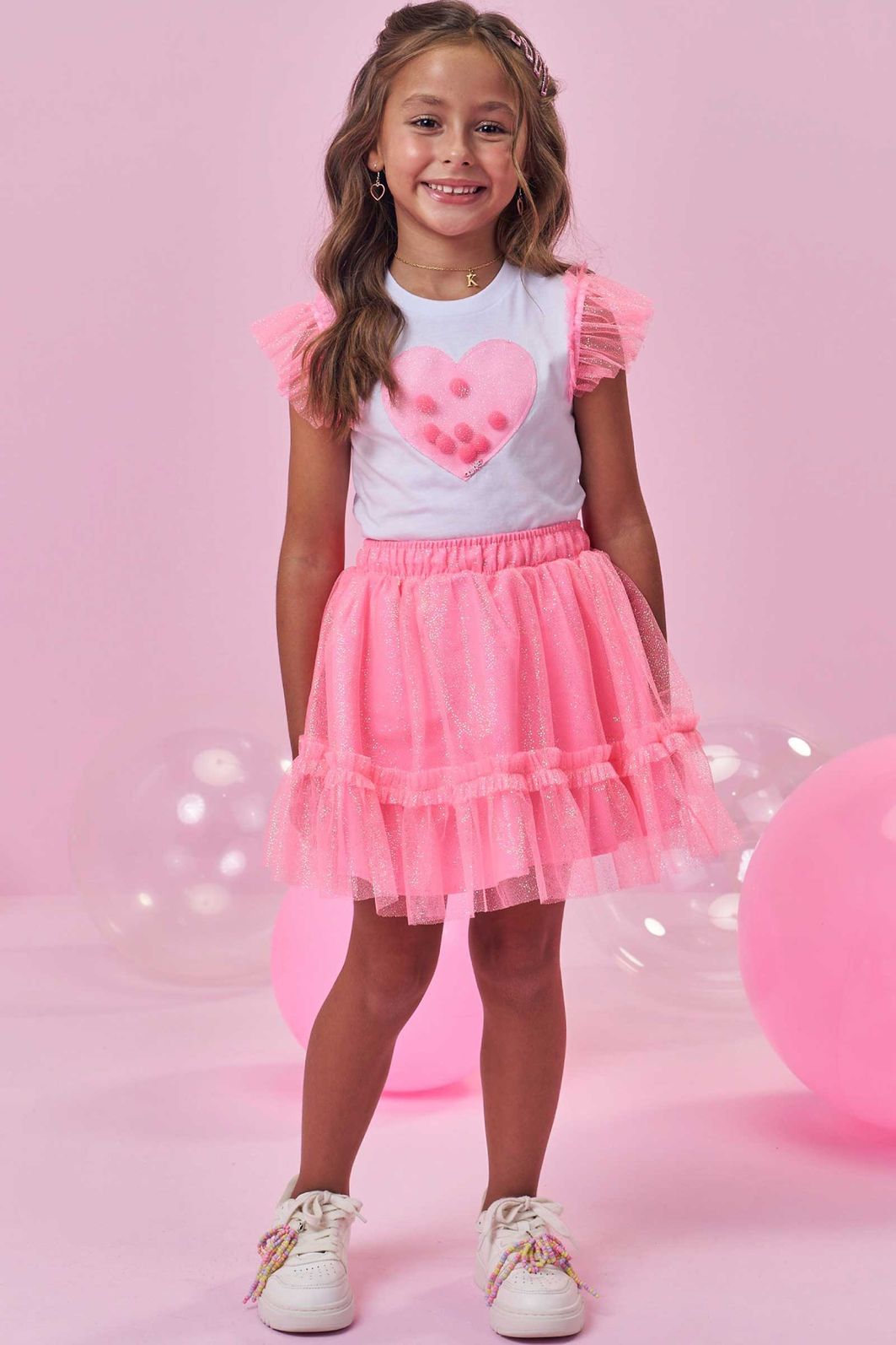 Conjunto de blusa em cotton e saia em tule (com shorts embutido) 99419 Kukiê Infantil Menina Conjunto de blusa em cotton e saia em tule (com shorts embutido) 99419 Kukiê Infantil Menina