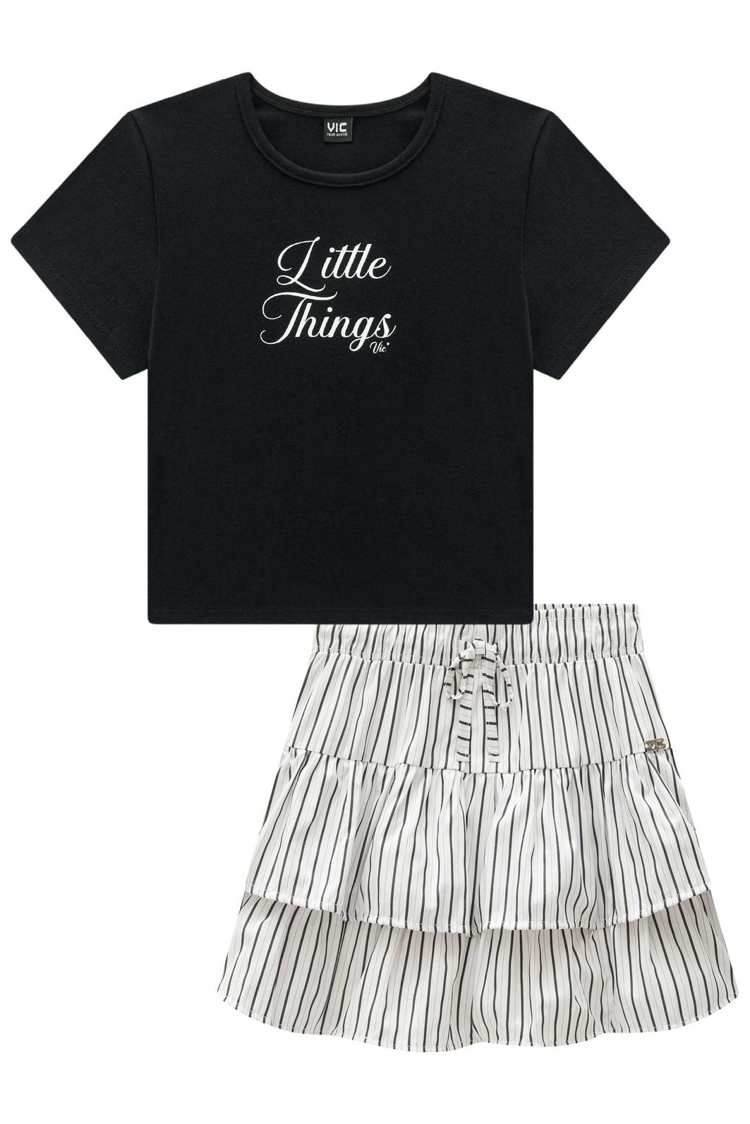 Conjunto de blusa em cotton e saia em tricoline listrado com shorts embutido 98512 Vic Teen Menina Conjunto de blusa em cotton e saia em tricoline listrado com shorts embutido 98512 Vic Teen Menina